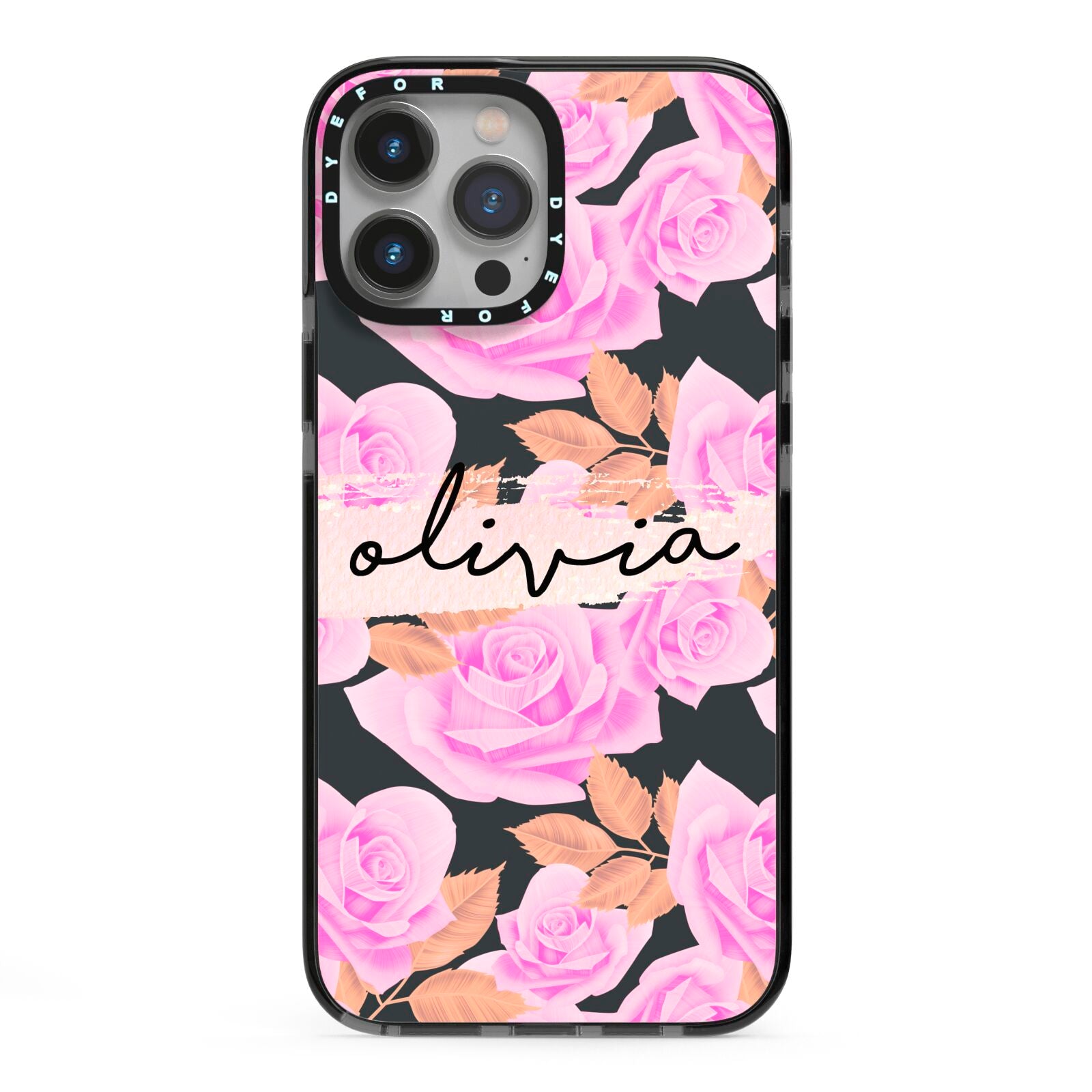 Personalised Floral Pink Roses iPhone 13 Pro Max Black Impact Case on Silver phone