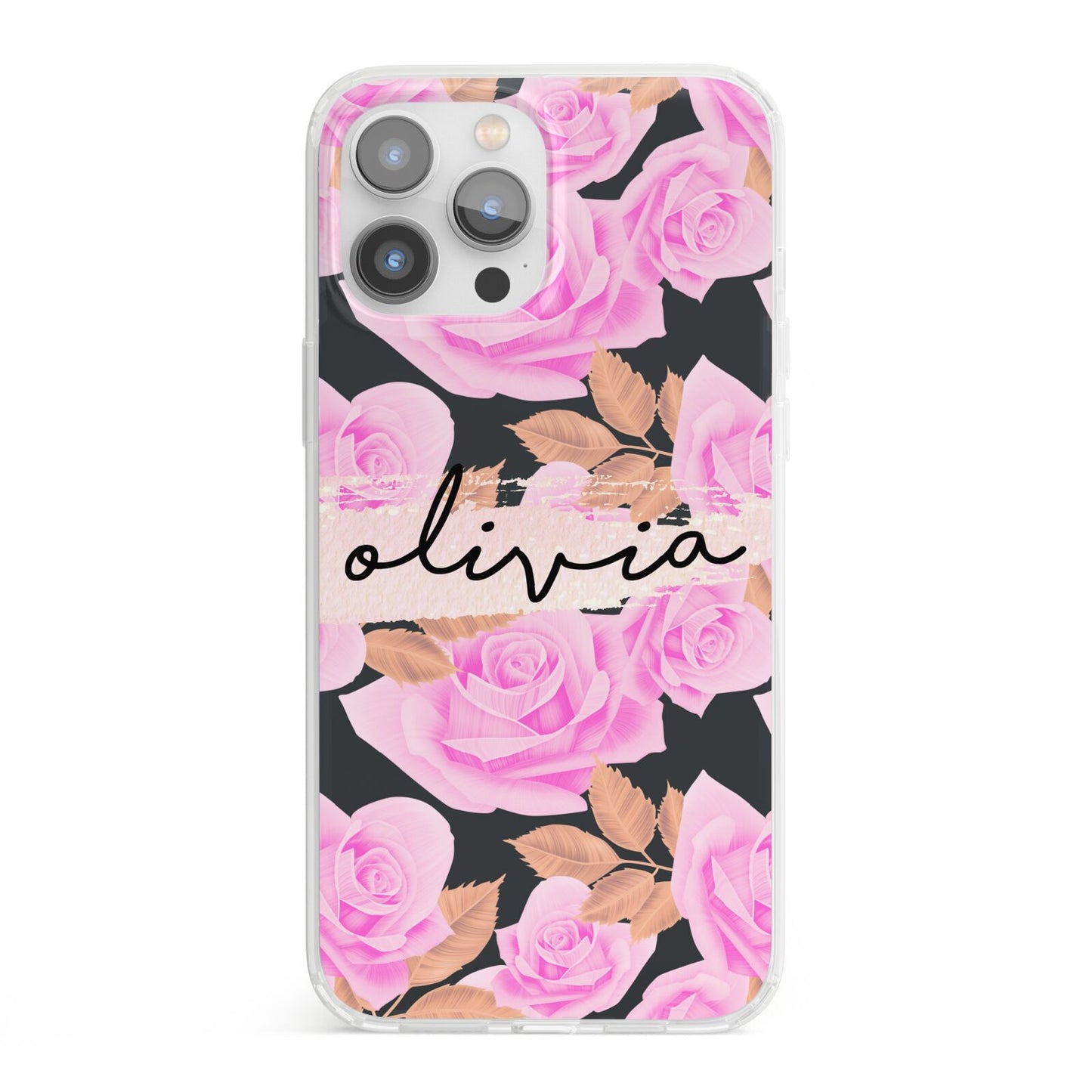 Personalised Floral Pink Roses iPhone 13 Pro Max Clear Bumper Case