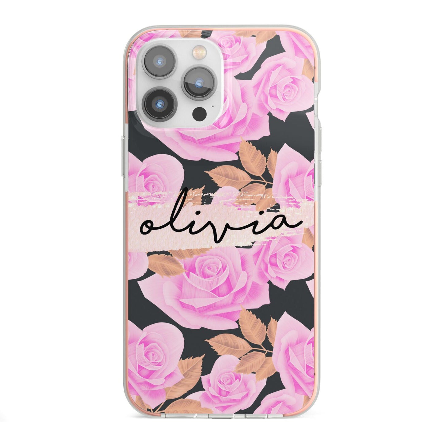 Personalised Floral Pink Roses iPhone 13 Pro Max TPU Impact Case with Pink Edges