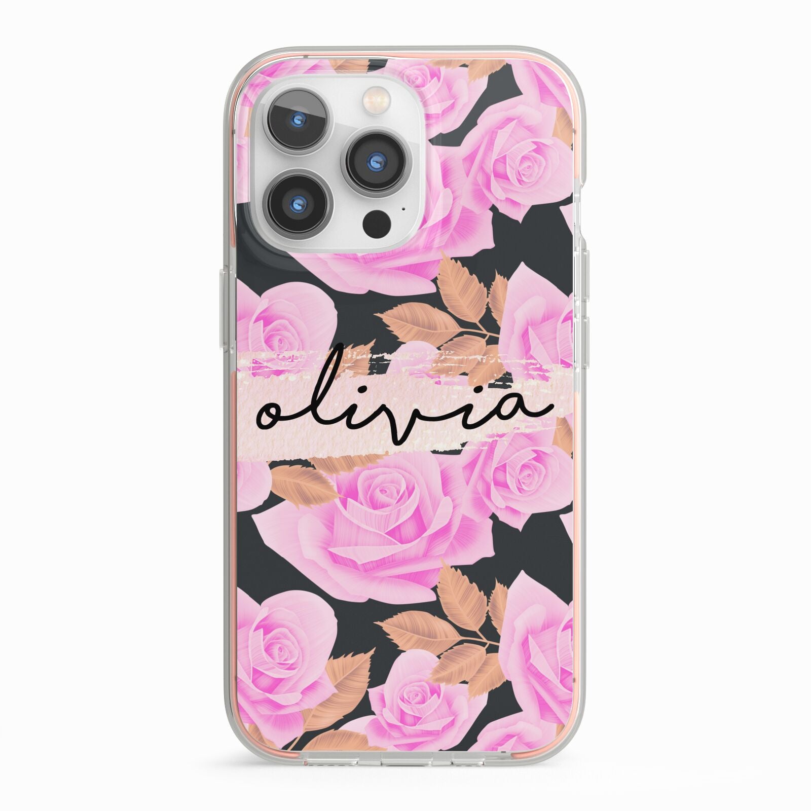 Personalised Floral Pink Roses iPhone 13 Pro TPU Impact Case with Pink Edges