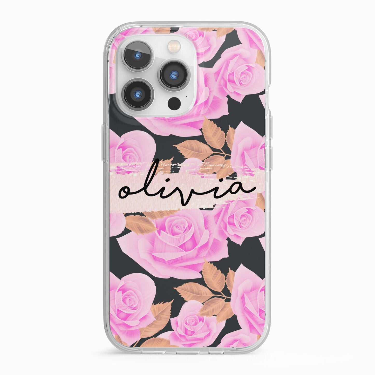 Personalised Floral Pink Roses iPhone 13 Pro TPU Impact Case with White Edges
