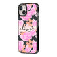 Personalised Floral Pink Roses iPhone 14 Black Impact Case Side Angle on Silver phone