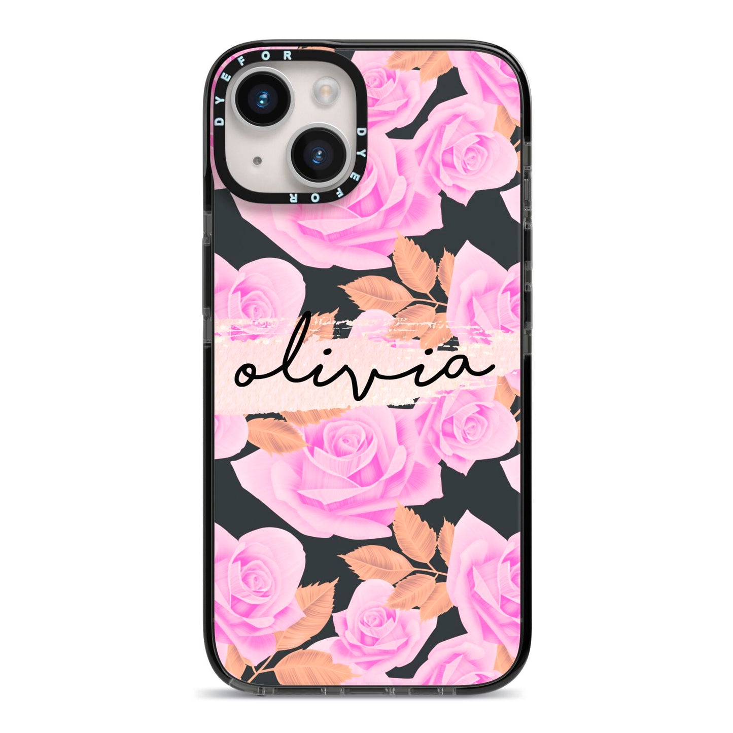 Personalised Floral Pink Roses iPhone 14 Black Impact Case on Silver phone