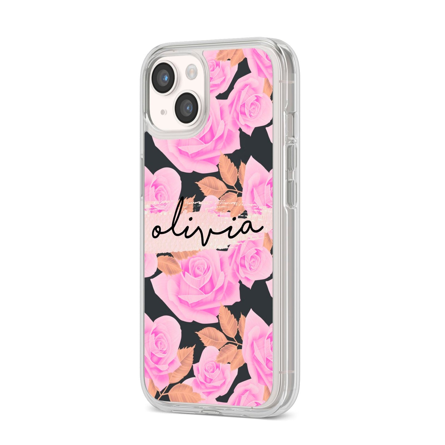 Personalised Floral Pink Roses iPhone 14 Clear Tough Case Starlight Angled Image