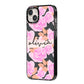 Personalised Floral Pink Roses iPhone 14 Plus Black Impact Case Side Angle on Silver phone