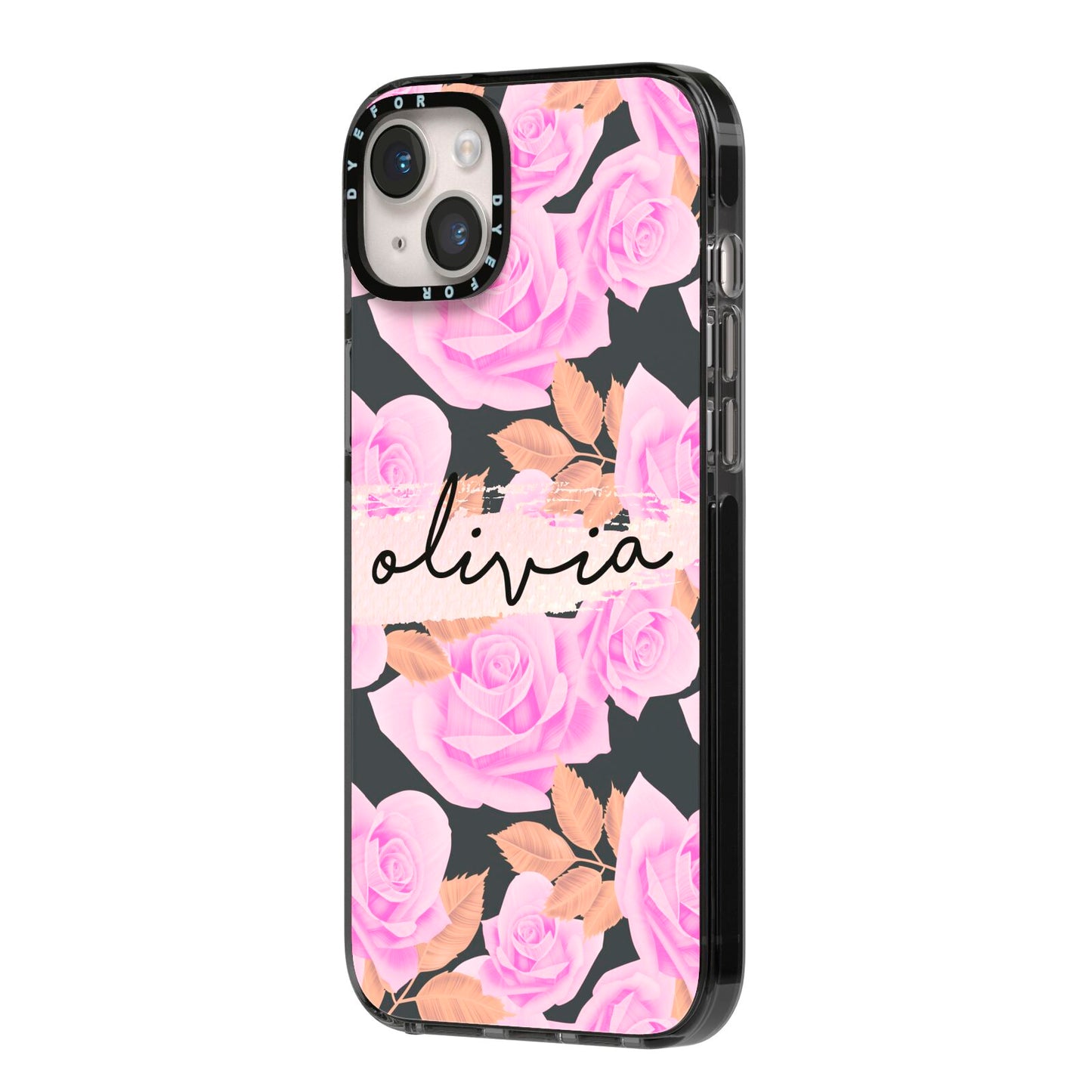 Personalised Floral Pink Roses iPhone 14 Plus Black Impact Case Side Angle on Silver phone