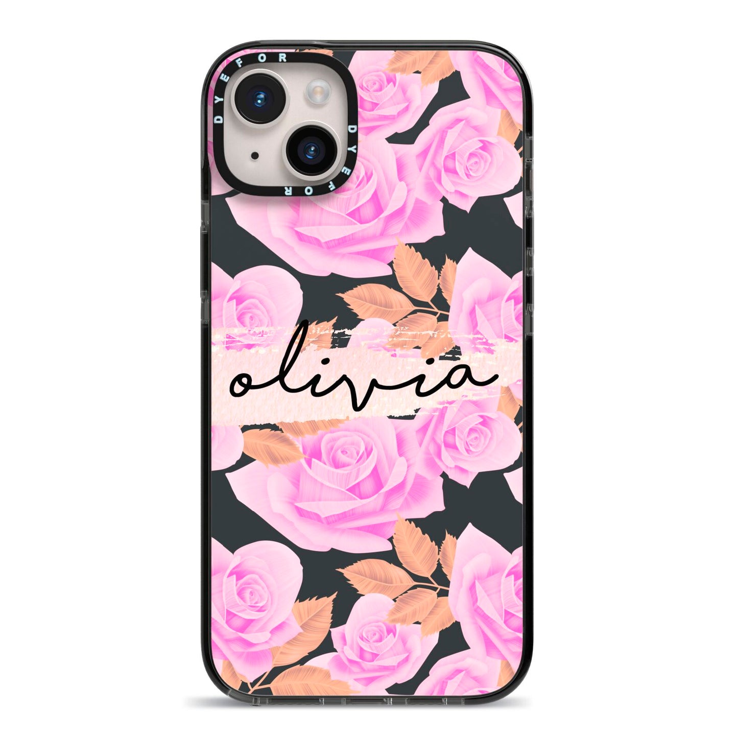 Personalised Floral Pink Roses iPhone 14 Plus Black Impact Case on Silver phone