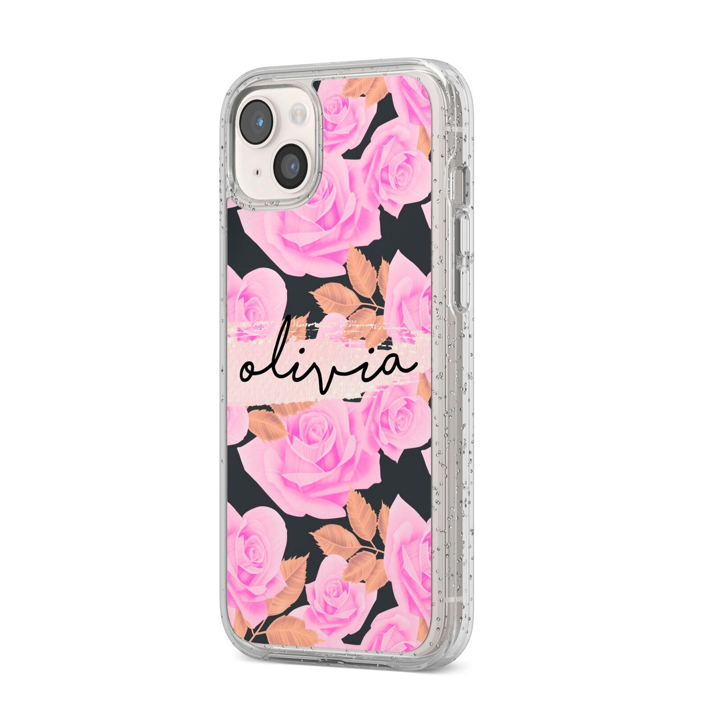 Personalised Floral Pink Roses iPhone 14 Plus Glitter Tough Case Starlight Angled Image