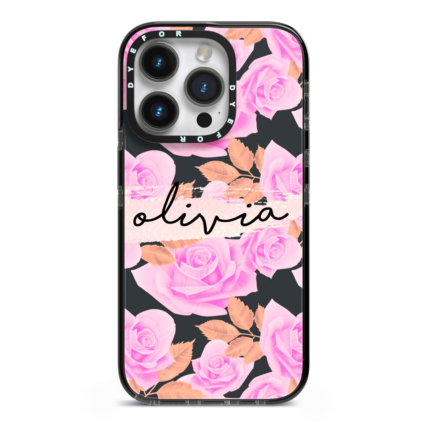 Personalised Floral Pink Roses iPhone 14 Pro Black Impact Case on Silver phone