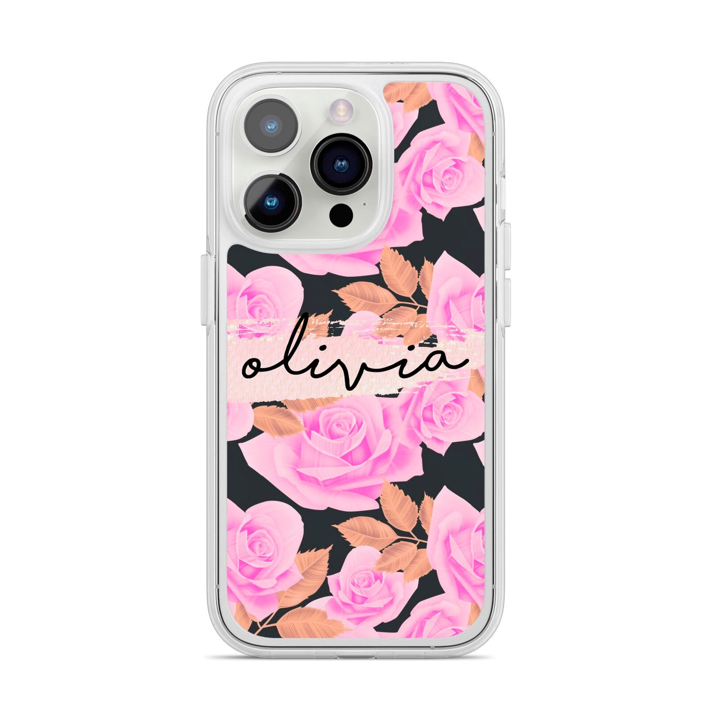 Personalised Floral Pink Roses iPhone 14 Pro Clear Tough Case Silver