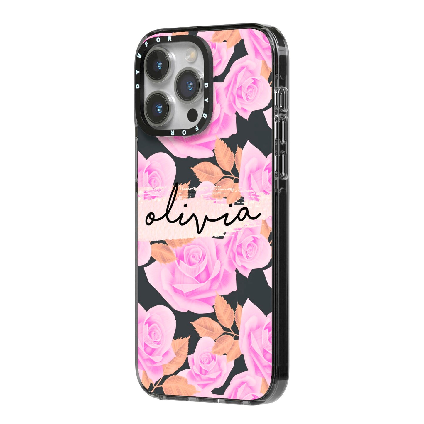 Personalised Floral Pink Roses iPhone 14 Pro Max Black Impact Case Side Angle on Silver phone