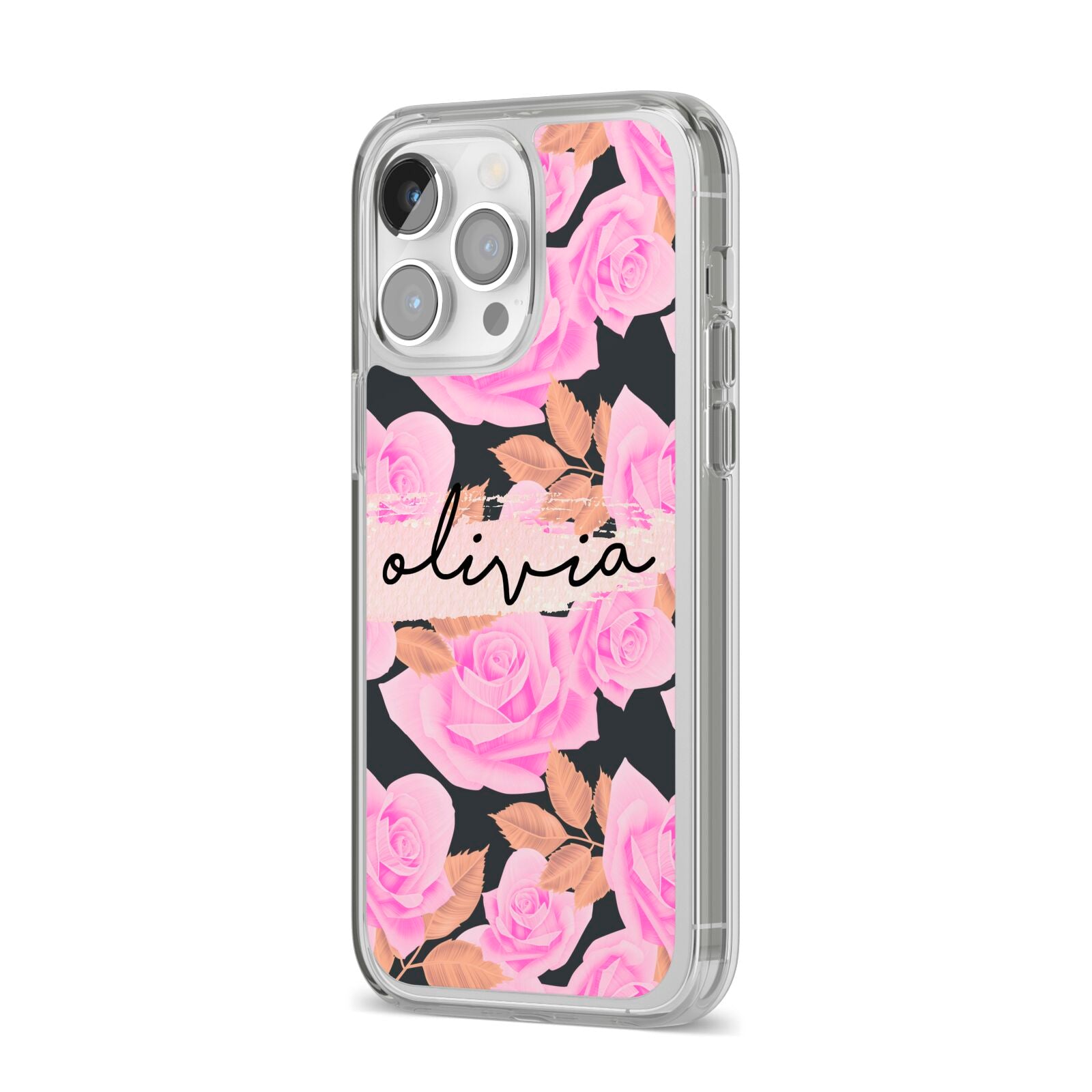 Personalised Floral Pink Roses iPhone 14 Pro Max Clear Tough Case Silver Angled Image