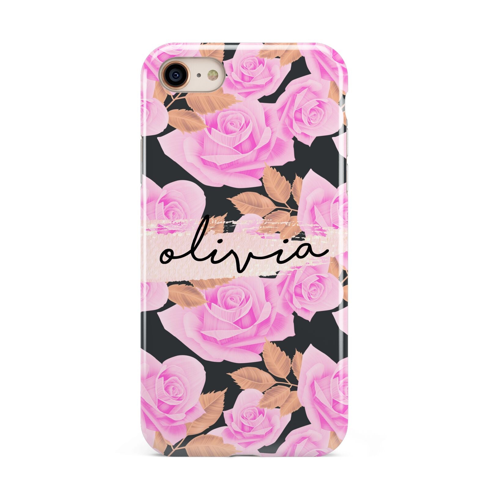 Personalised Floral Pink Roses iPhone 8 3D Tough Case on Gold Phone