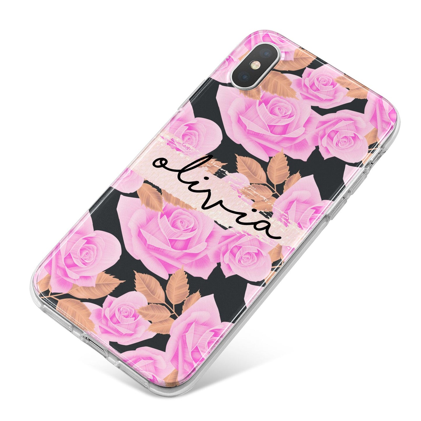 Personalised Floral Pink Roses iPhone X Bumper Case on Silver iPhone