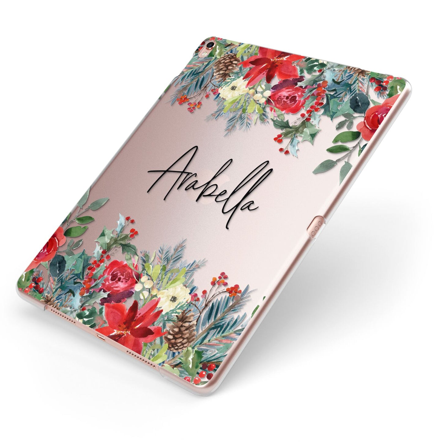 Personalised Floral Winter Arrangement Apple iPad Case on Rose Gold iPad Side View
