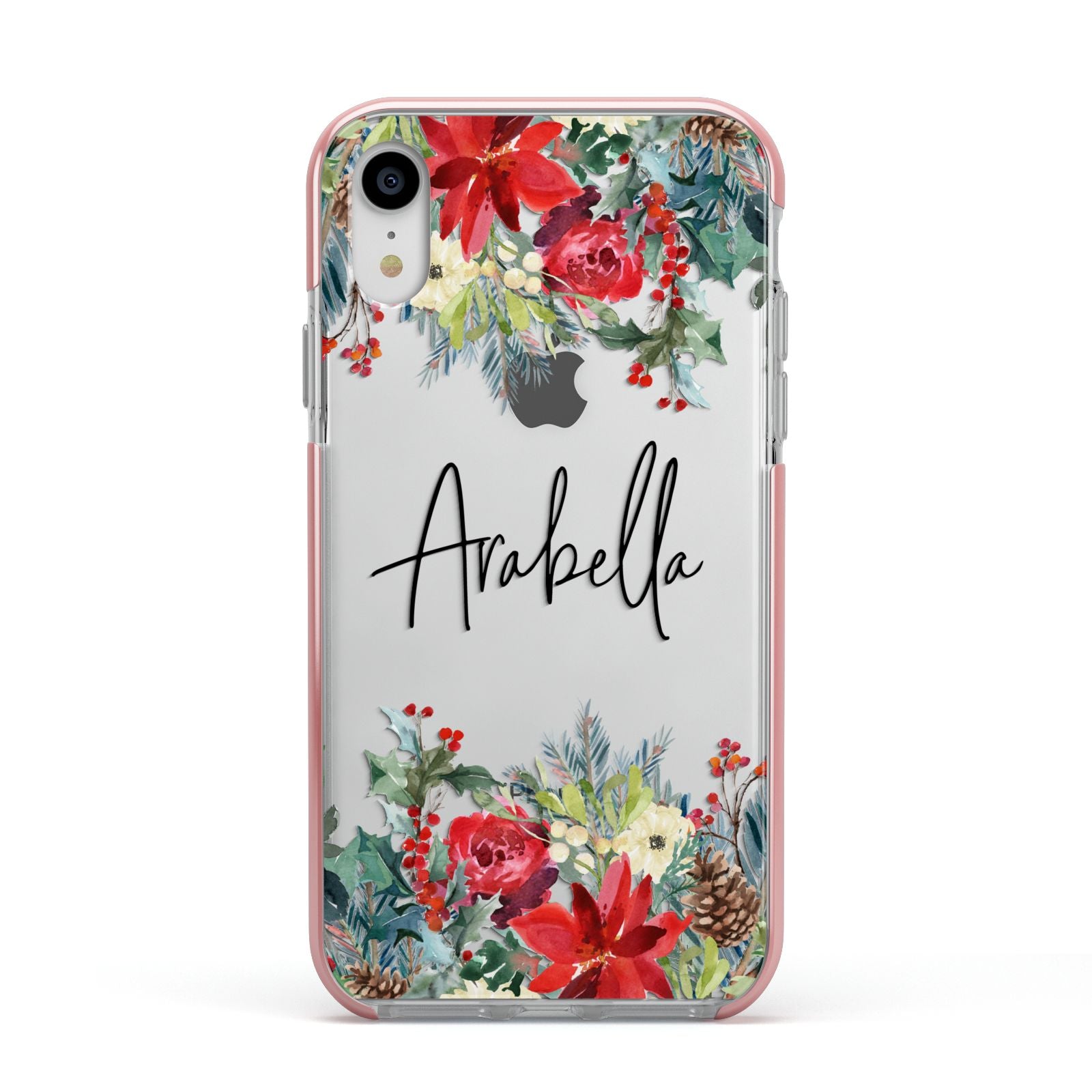 Personalised Floral Winter Arrangement Apple iPhone XR Impact Case Pink Edge on Silver Phone