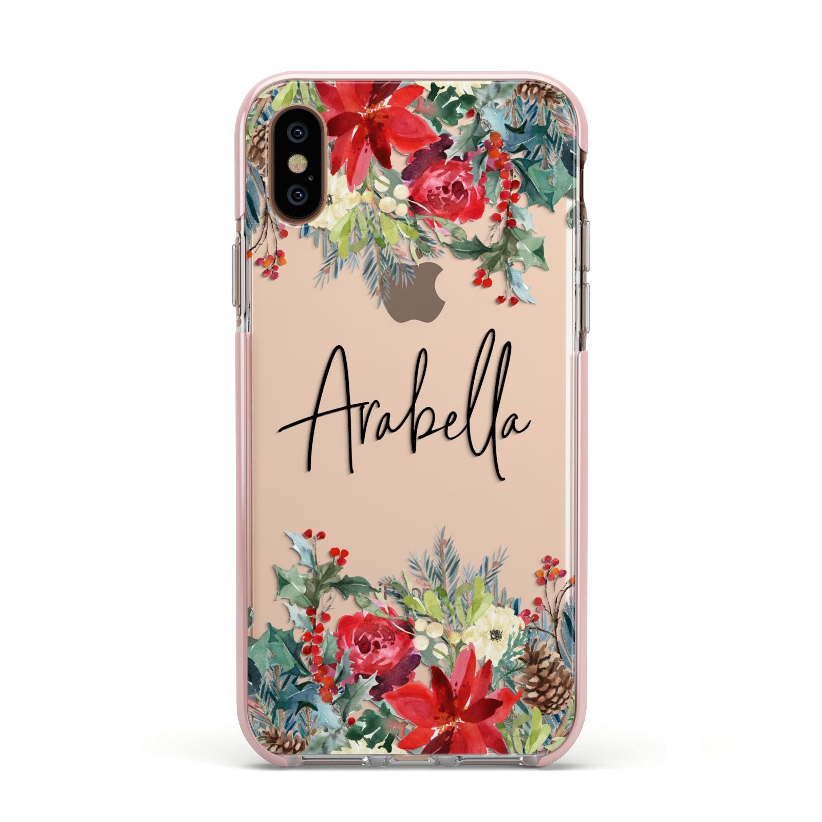 Personalised Floral Winter Arrangement Apple iPhone Xs Impact Case Pink Edge on Gold Phone