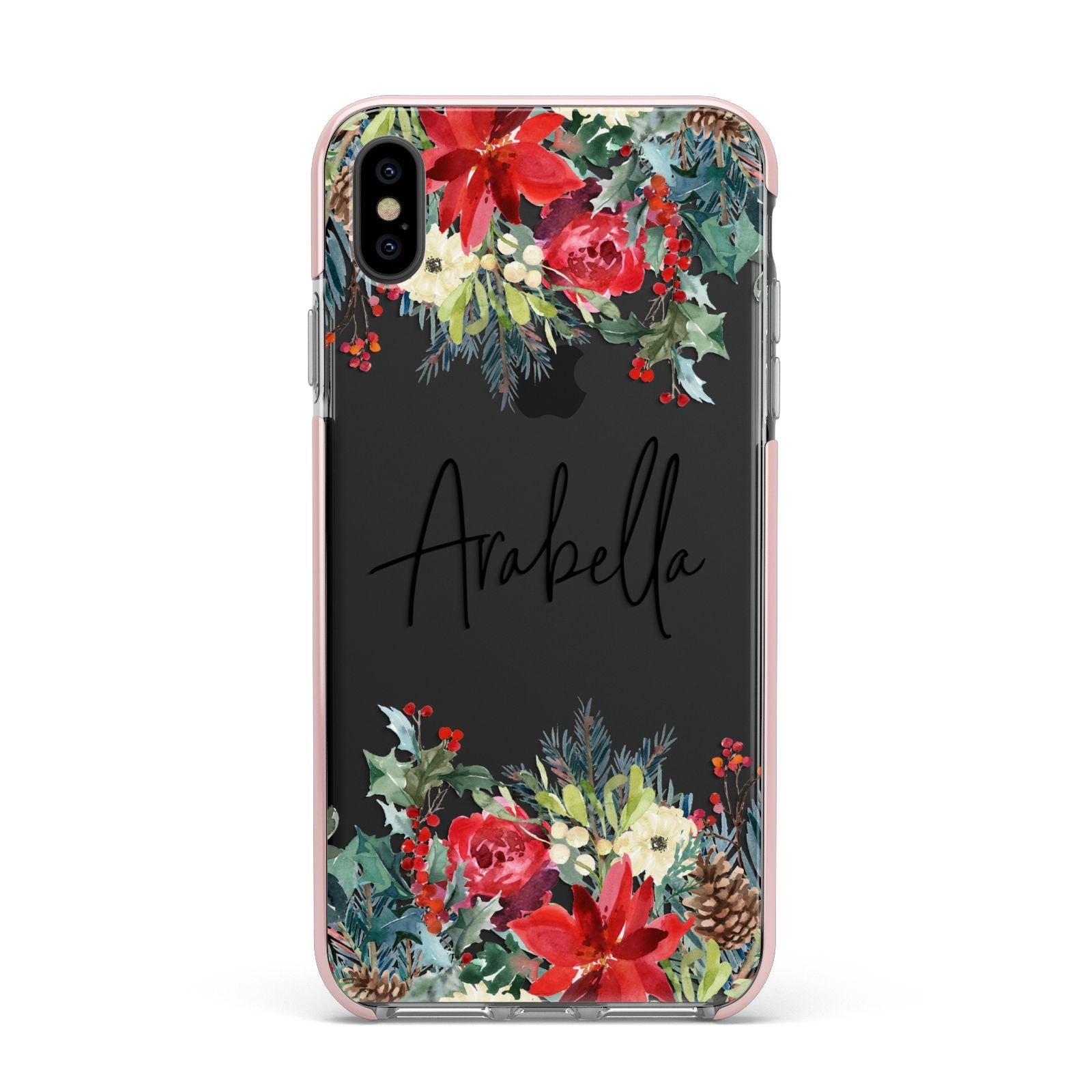 Personalised Floral Winter Arrangement Apple iPhone Xs Max Impact Case Pink Edge on Black Phone