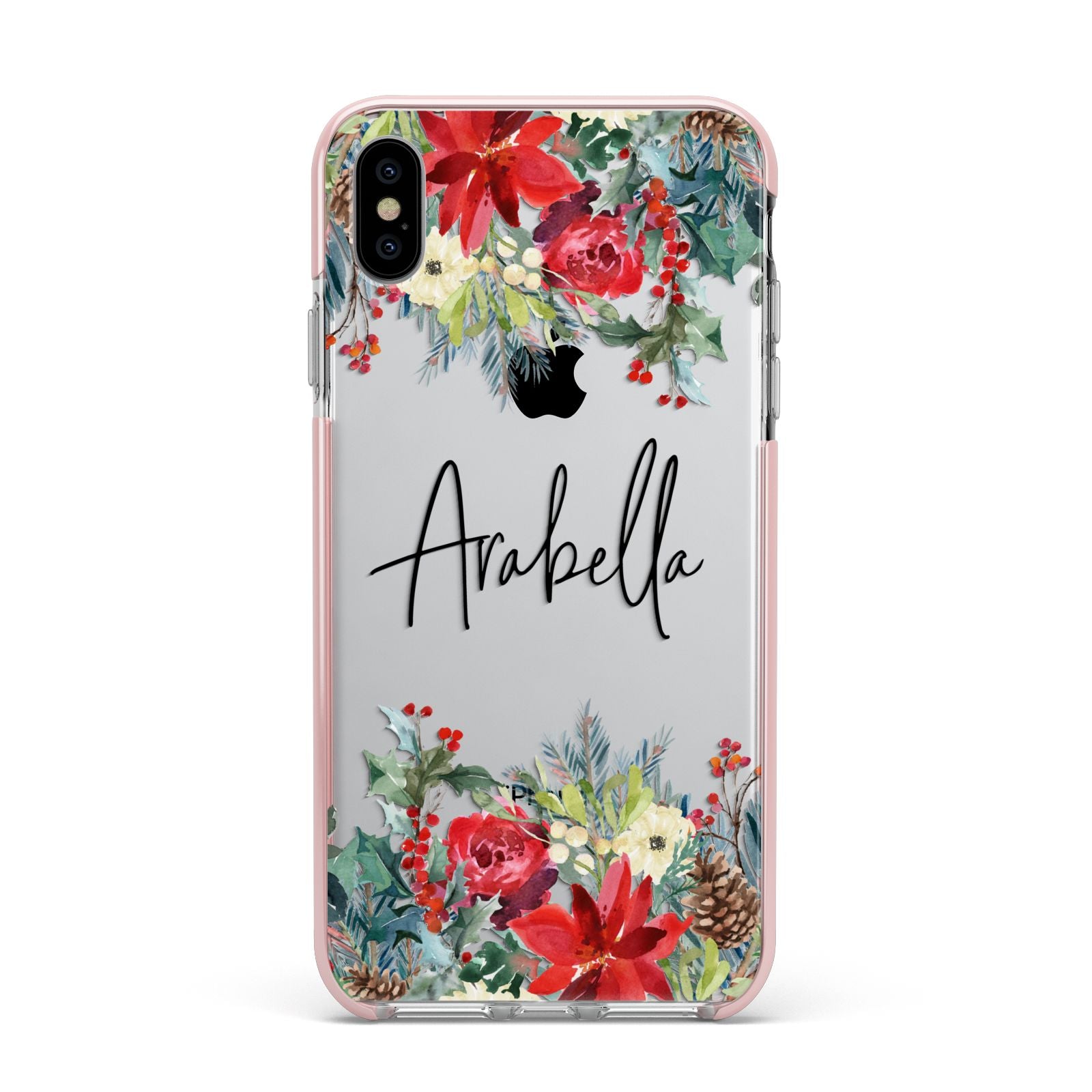 Personalised Floral Winter Arrangement Apple iPhone Xs Max Impact Case Pink Edge on Silver Phone