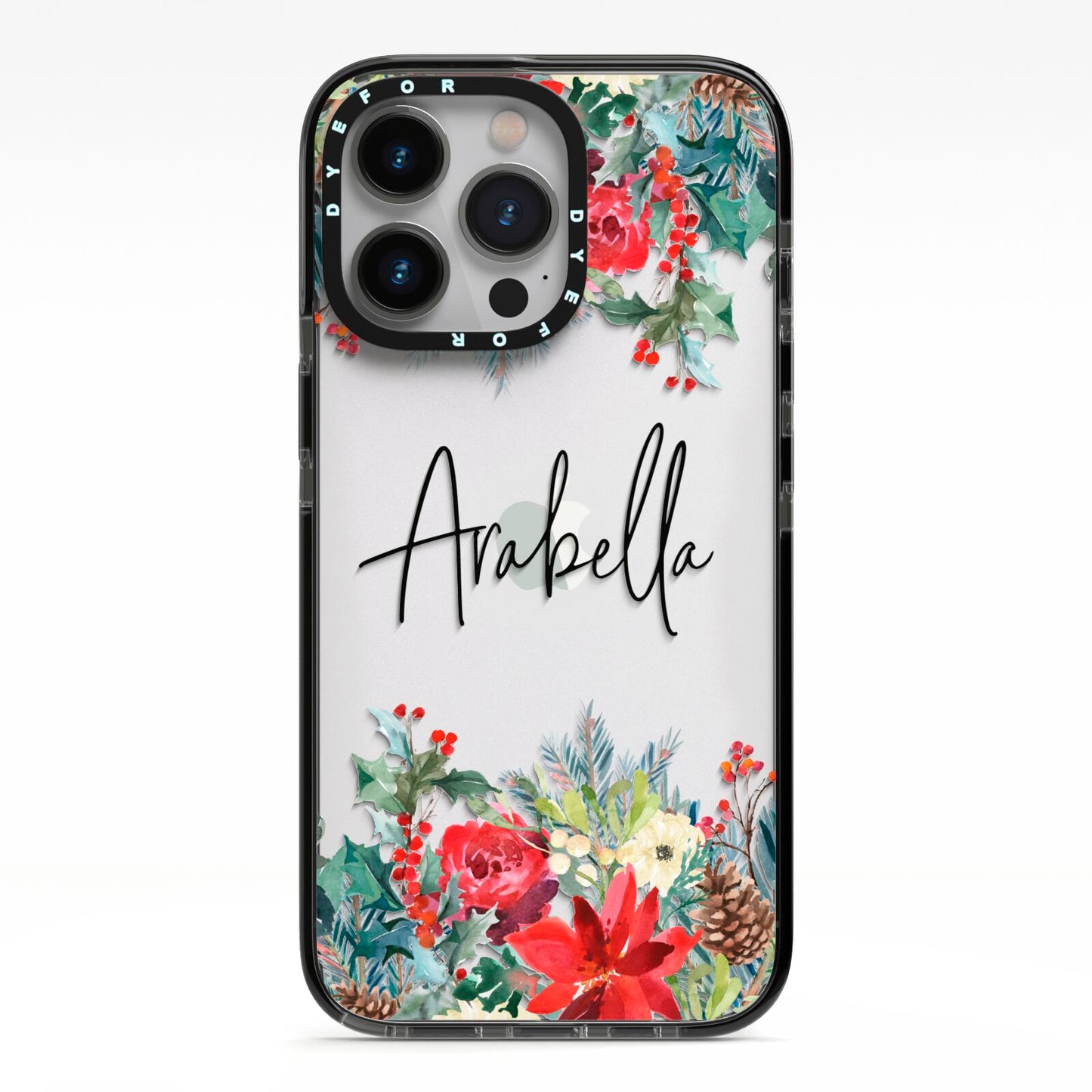 Personalised Floral Winter Arrangement iPhone 13 Pro Black Impact Case on Silver phone