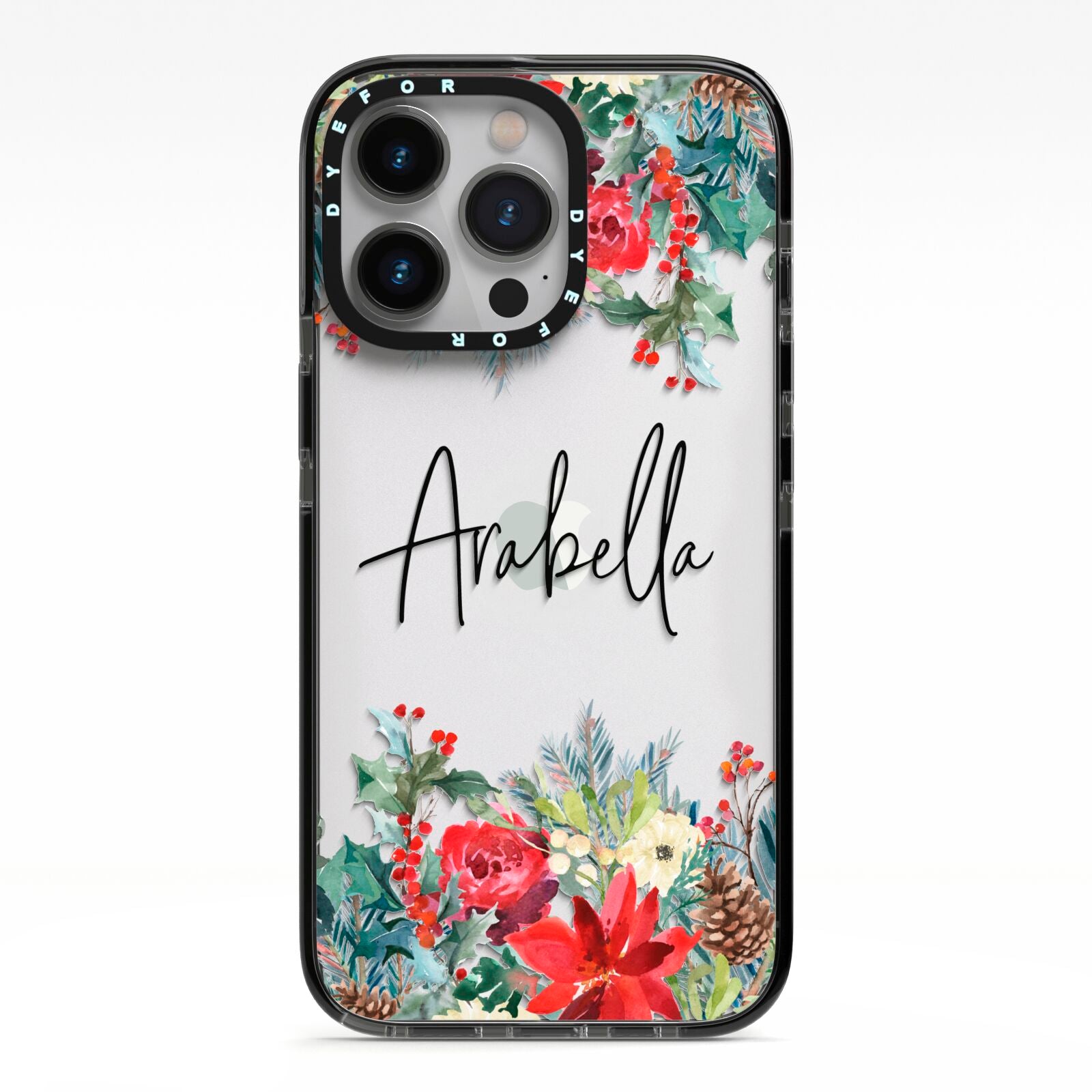 Personalised Floral Winter Arrangement iPhone 13 Pro Black Impact Case on Silver phone