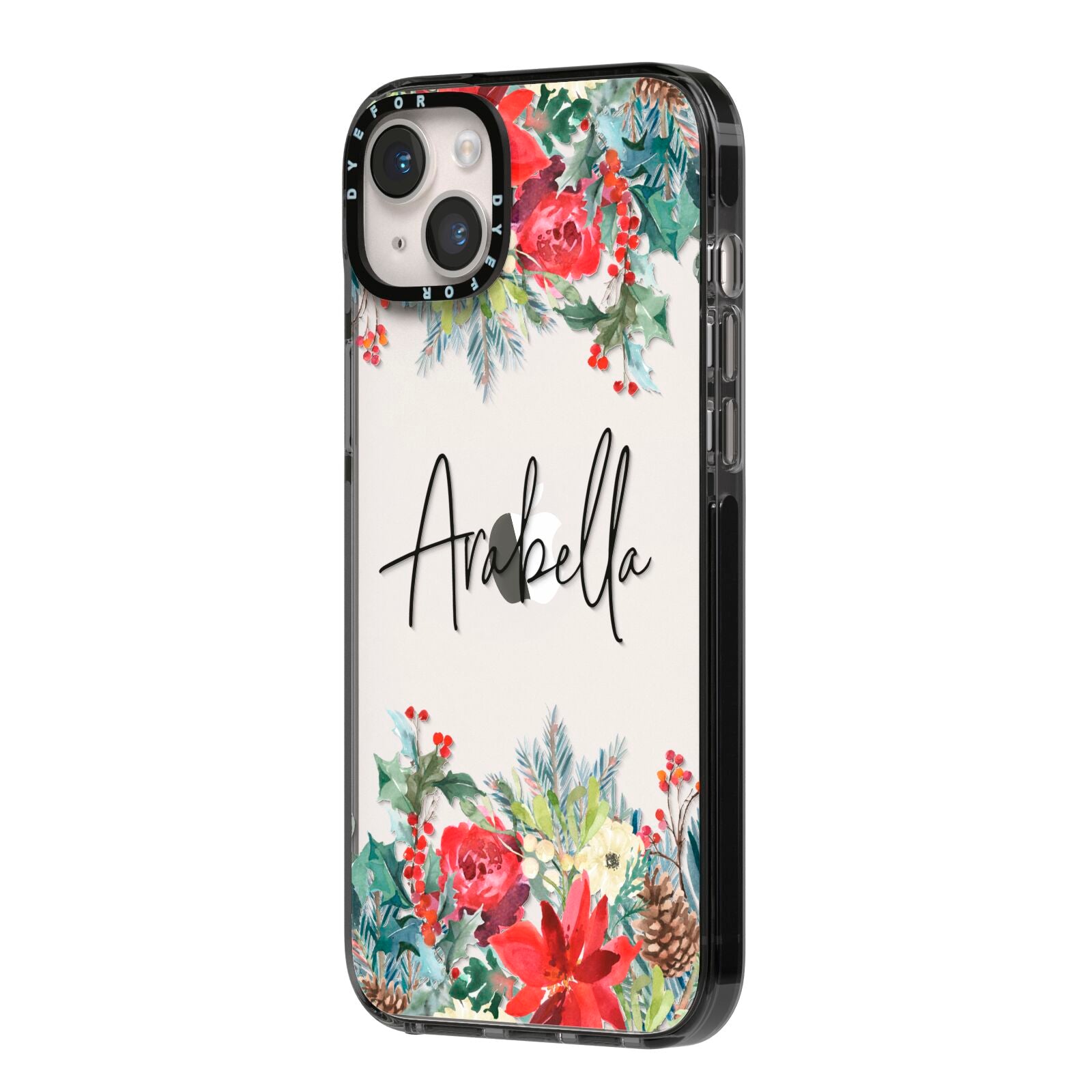 Personalised Floral Winter Arrangement iPhone 14 Plus Black Impact Case Side Angle on Silver phone