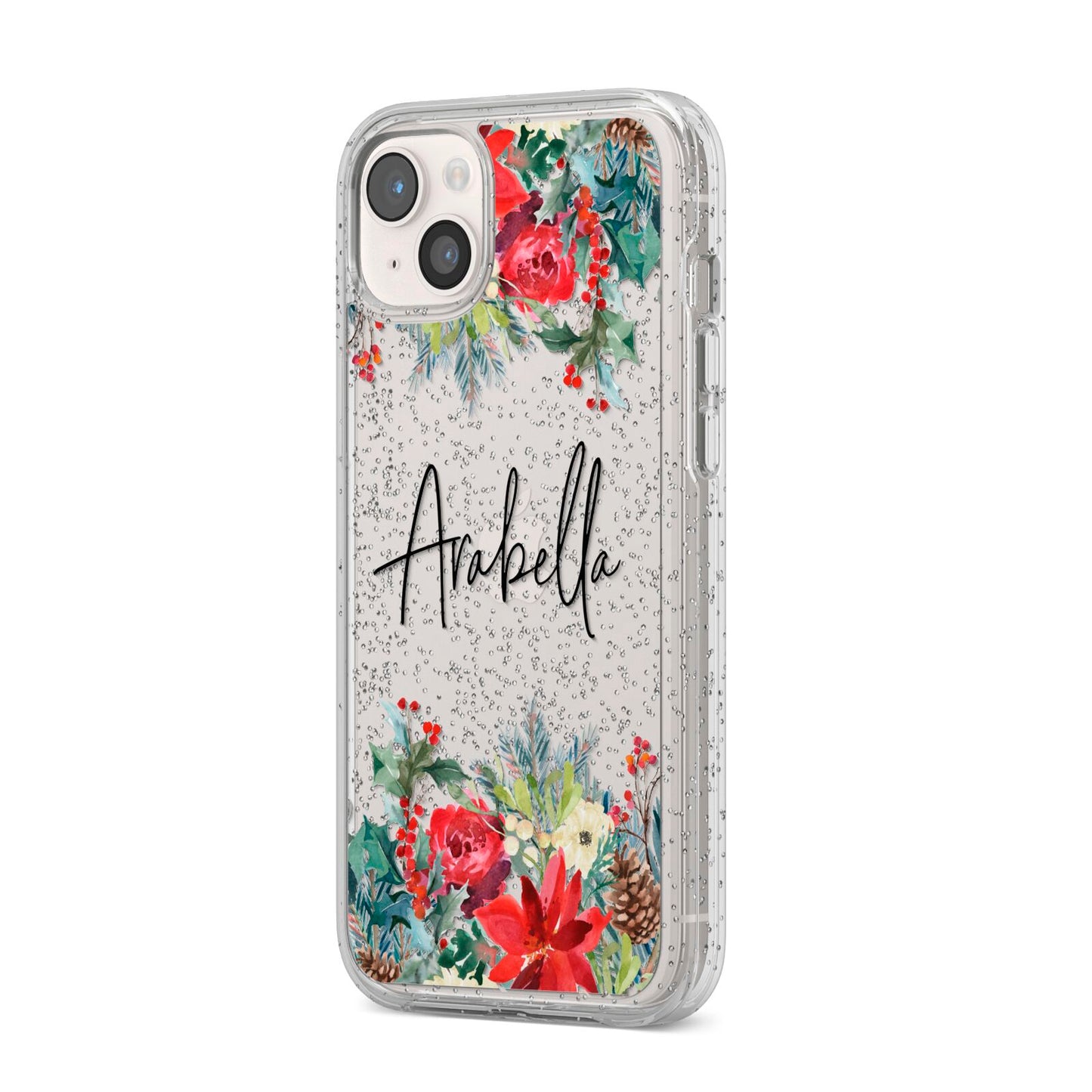 Personalised Floral Winter Arrangement iPhone 14 Plus Glitter Tough Case Starlight Angled Image