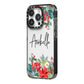 Personalised Floral Winter Arrangement iPhone 14 Pro Black Impact Case Side Angle on Silver phone
