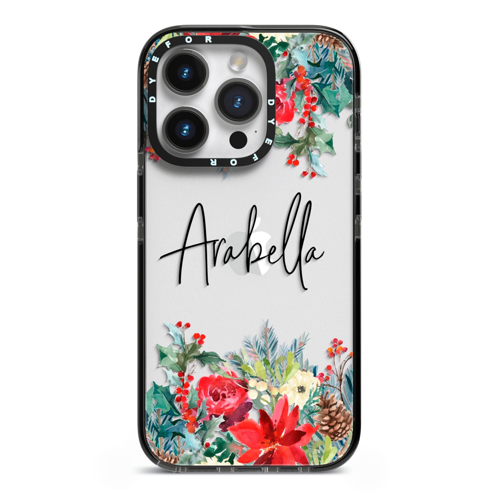 Personalised Floral Winter Arrangement iPhone 14 Pro Black Impact Case on Silver phone