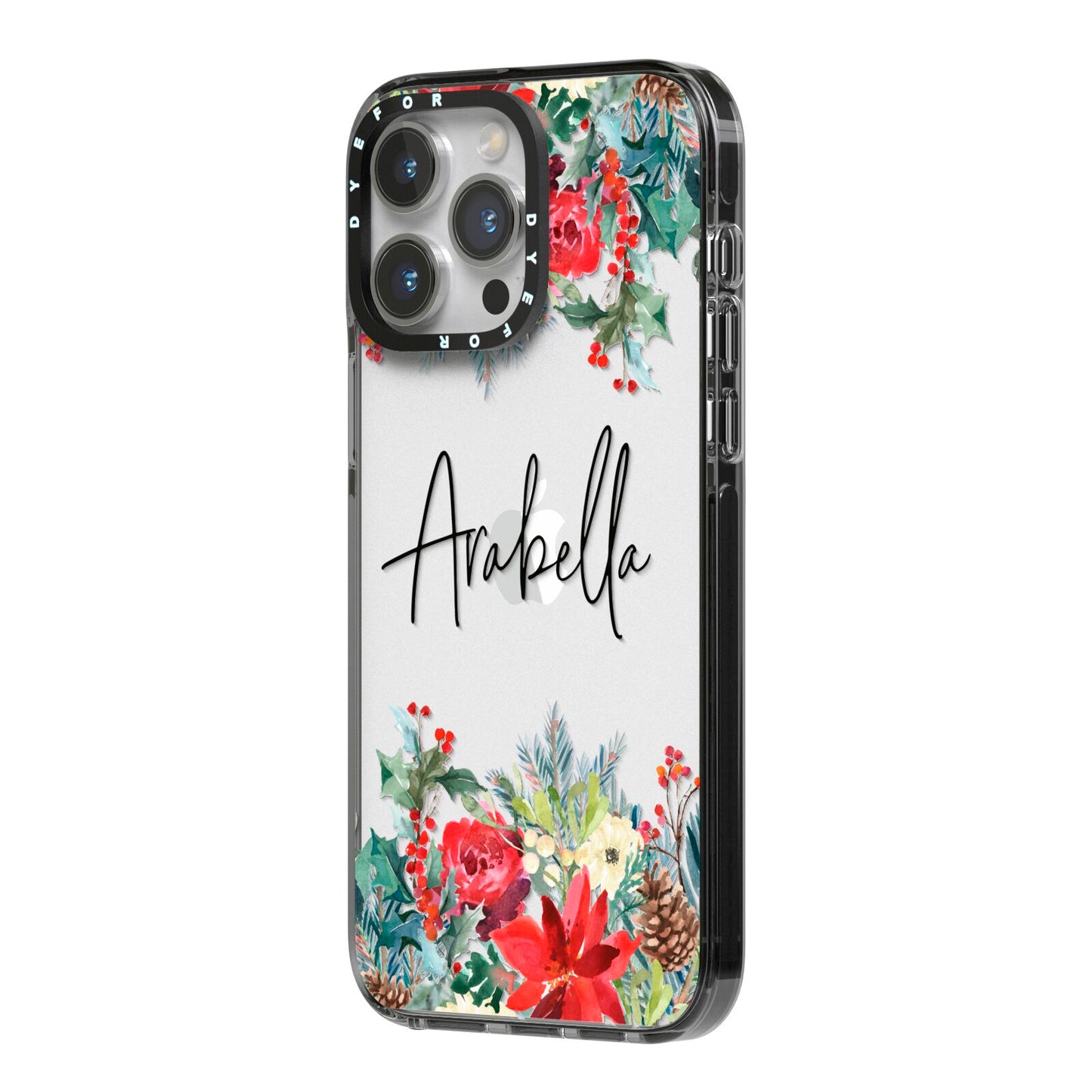 Personalised Floral Winter Arrangement iPhone 14 Pro Max Black Impact Case Side Angle on Silver phone
