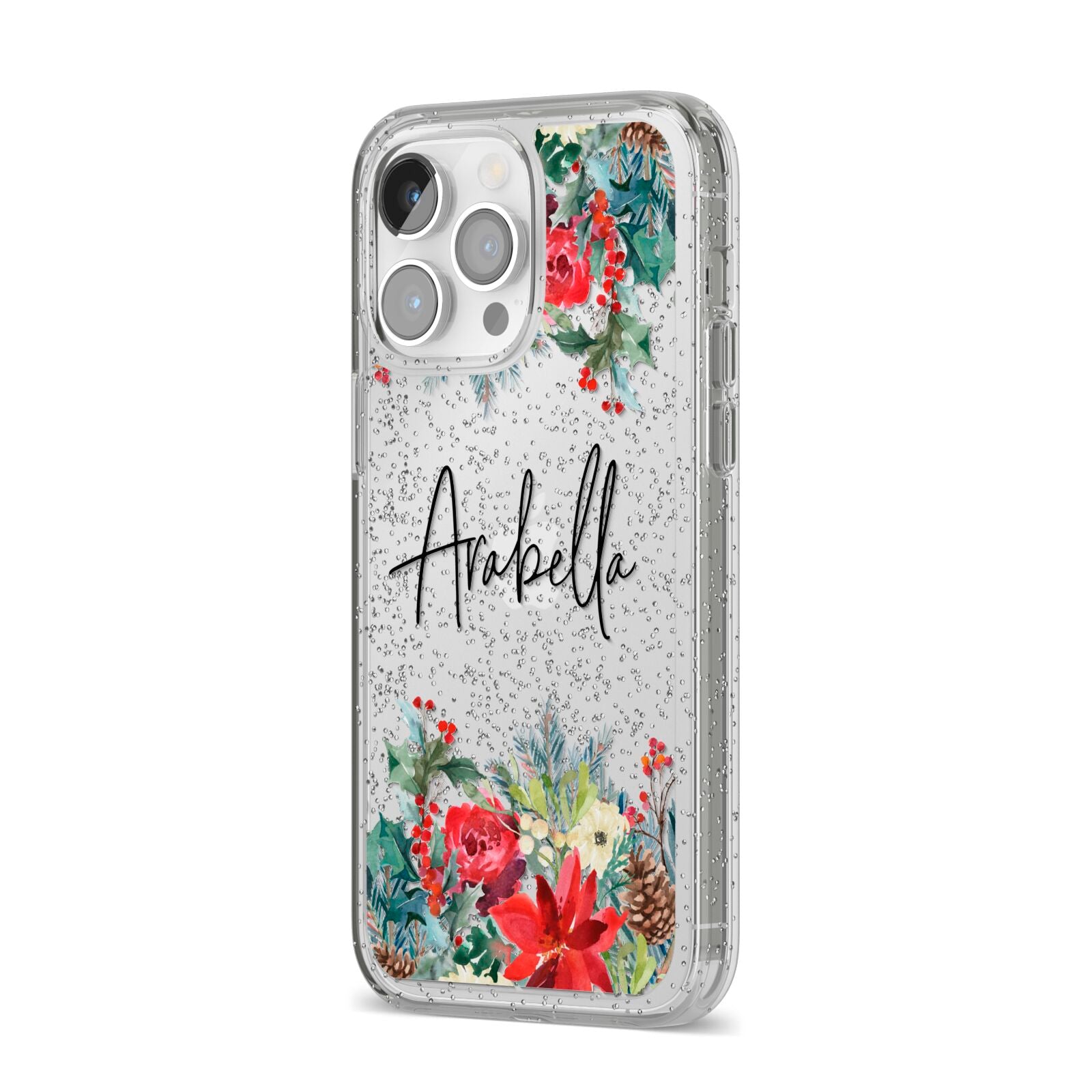 Personalised Floral Winter Arrangement iPhone 14 Pro Max Glitter Tough Case Silver Angled Image
