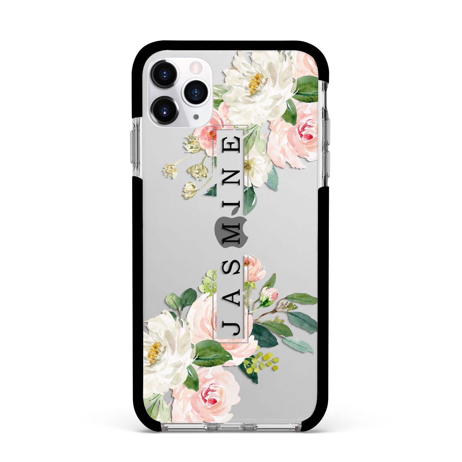 Personalised Floral Wreath with Name Apple iPhone 11 Pro Max in Silver with Black Impact Case