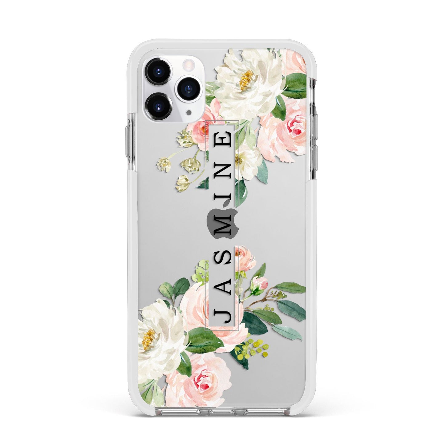 Personalised Floral Wreath with Name Apple iPhone 11 Pro Max in Silver with White Impact Case