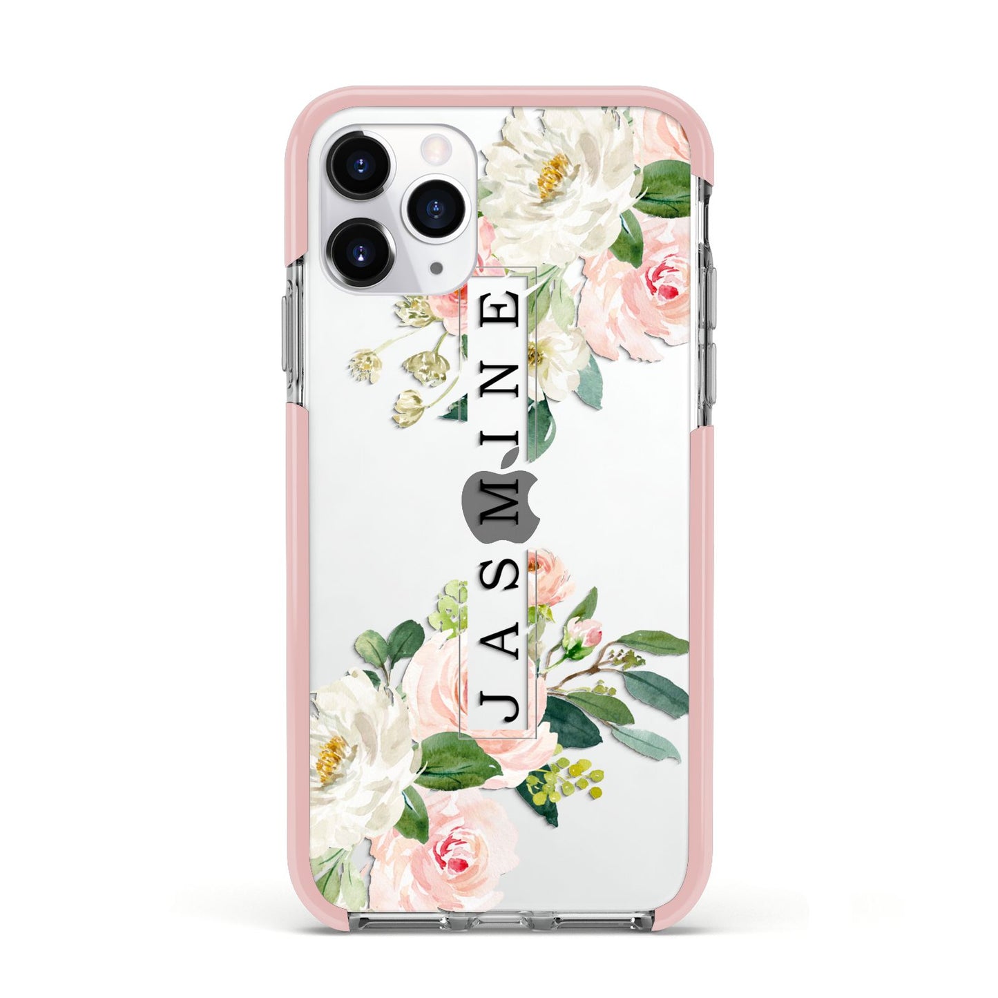 Personalised Floral Wreath with Name Apple iPhone 11 Pro in Silver with Pink Impact Case