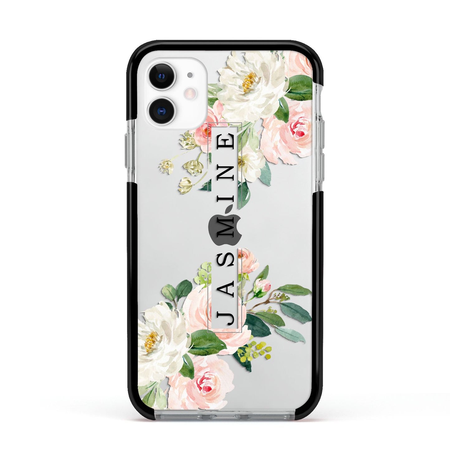 Personalised Floral Wreath with Name Apple iPhone 11 in White with Black Impact Case
