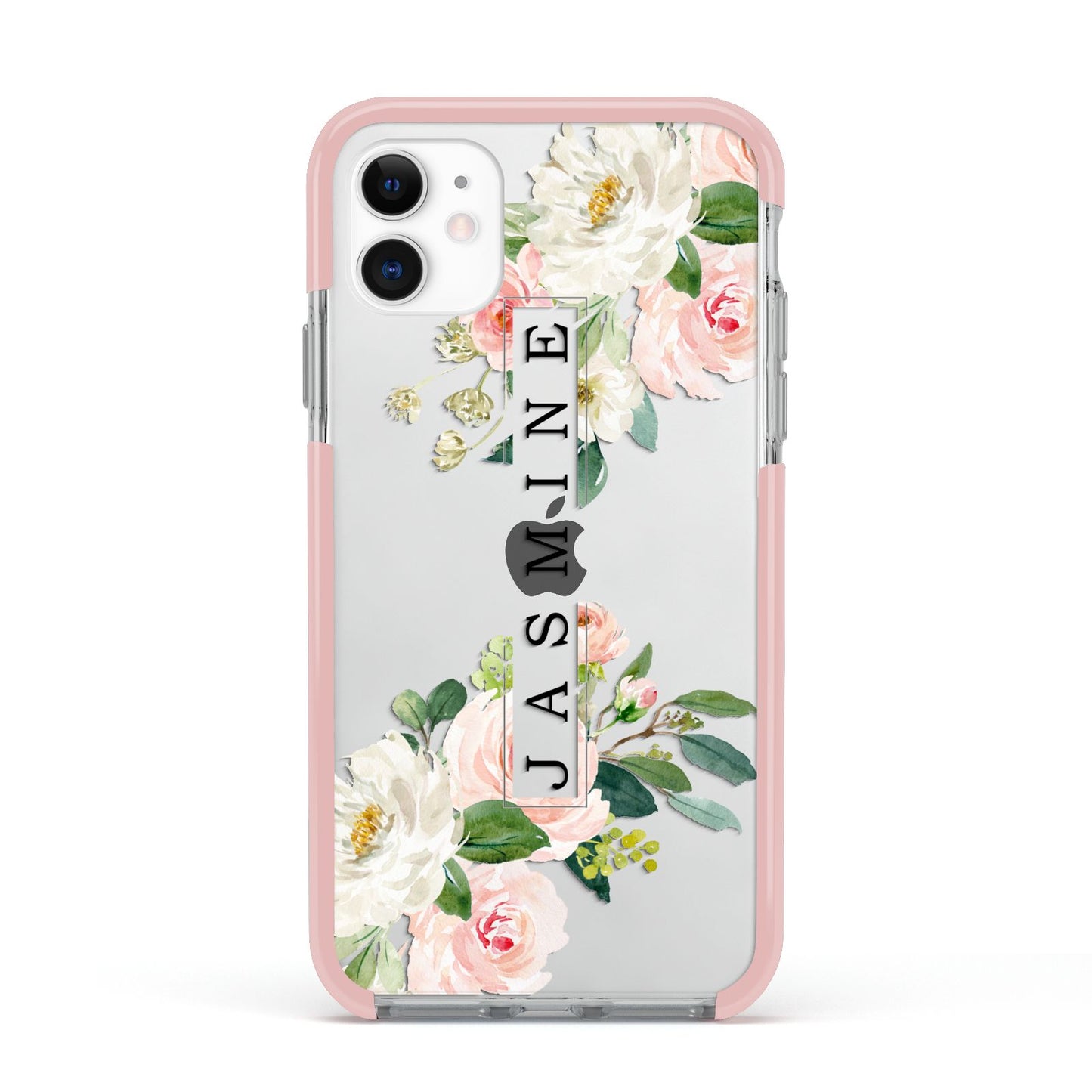 Personalised Floral Wreath with Name Apple iPhone 11 in White with Pink Impact Case