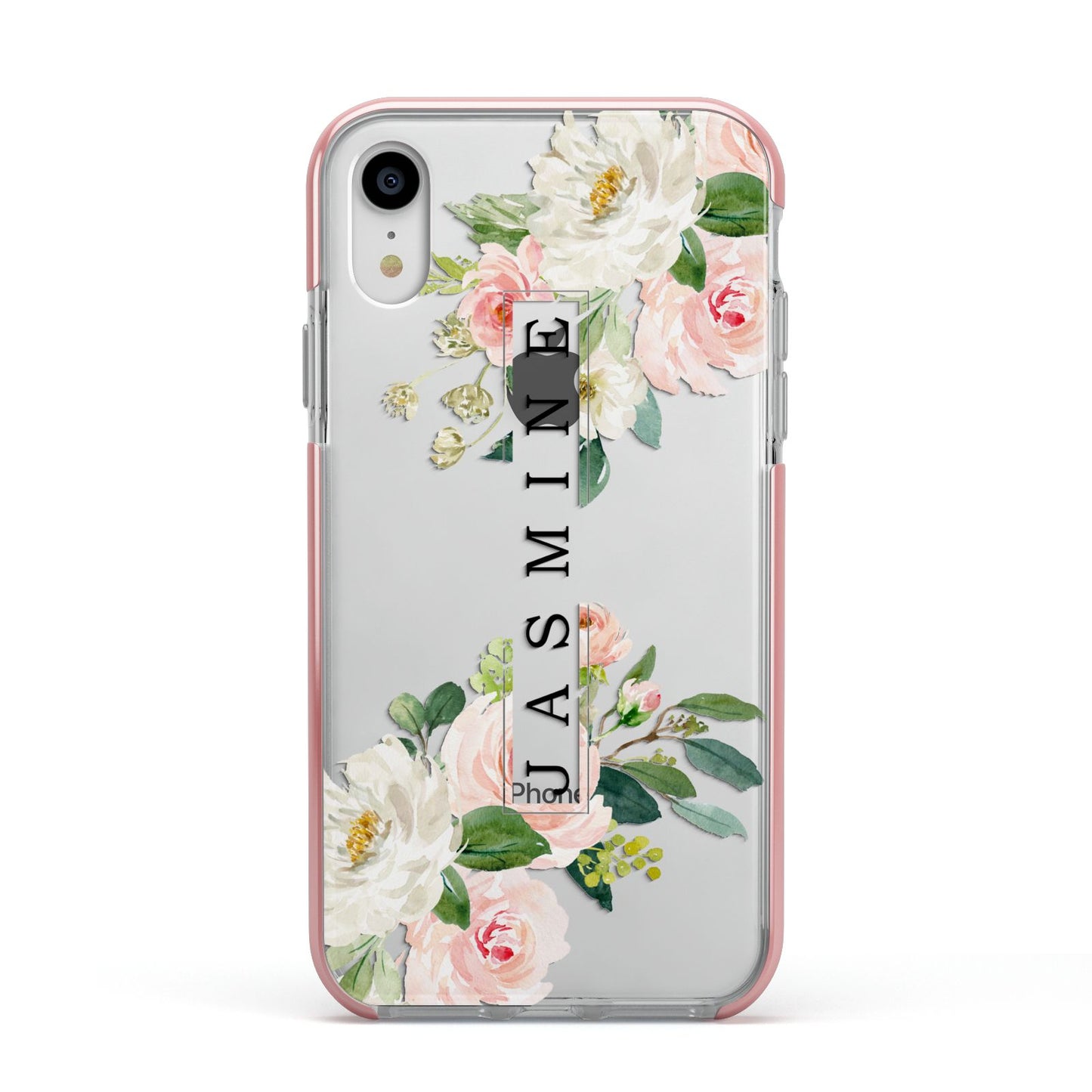 Personalised Floral Wreath with Name Apple iPhone XR Impact Case Pink Edge on Silver Phone