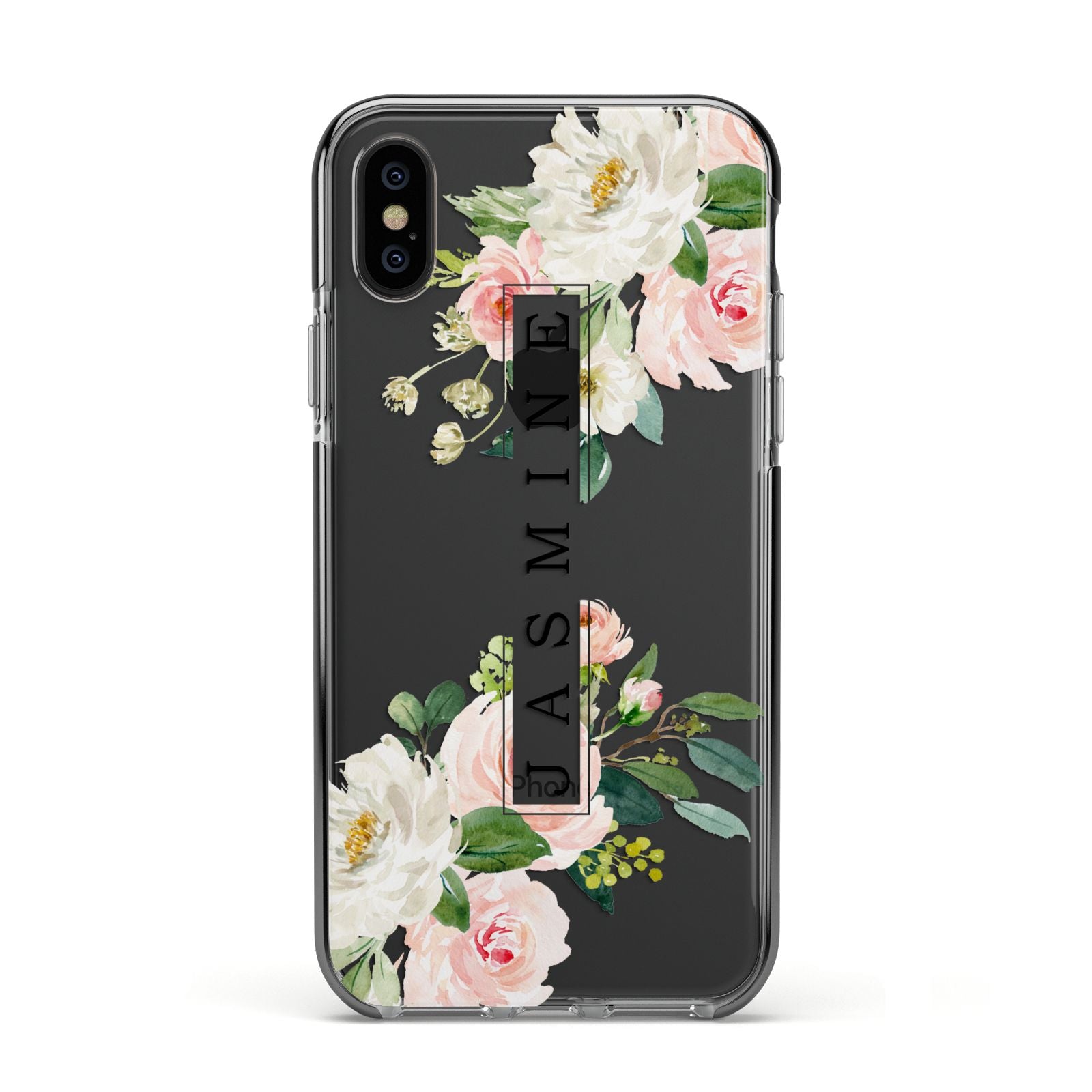 Personalised Floral Wreath with Name Apple iPhone Xs Impact Case Black Edge on Black Phone