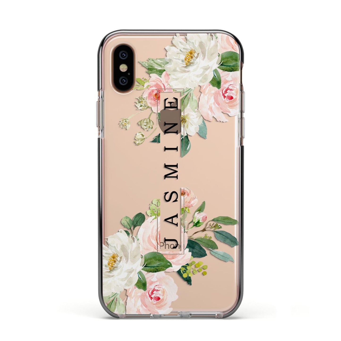 Personalised Floral Wreath with Name Apple iPhone Xs Impact Case Black Edge on Gold Phone