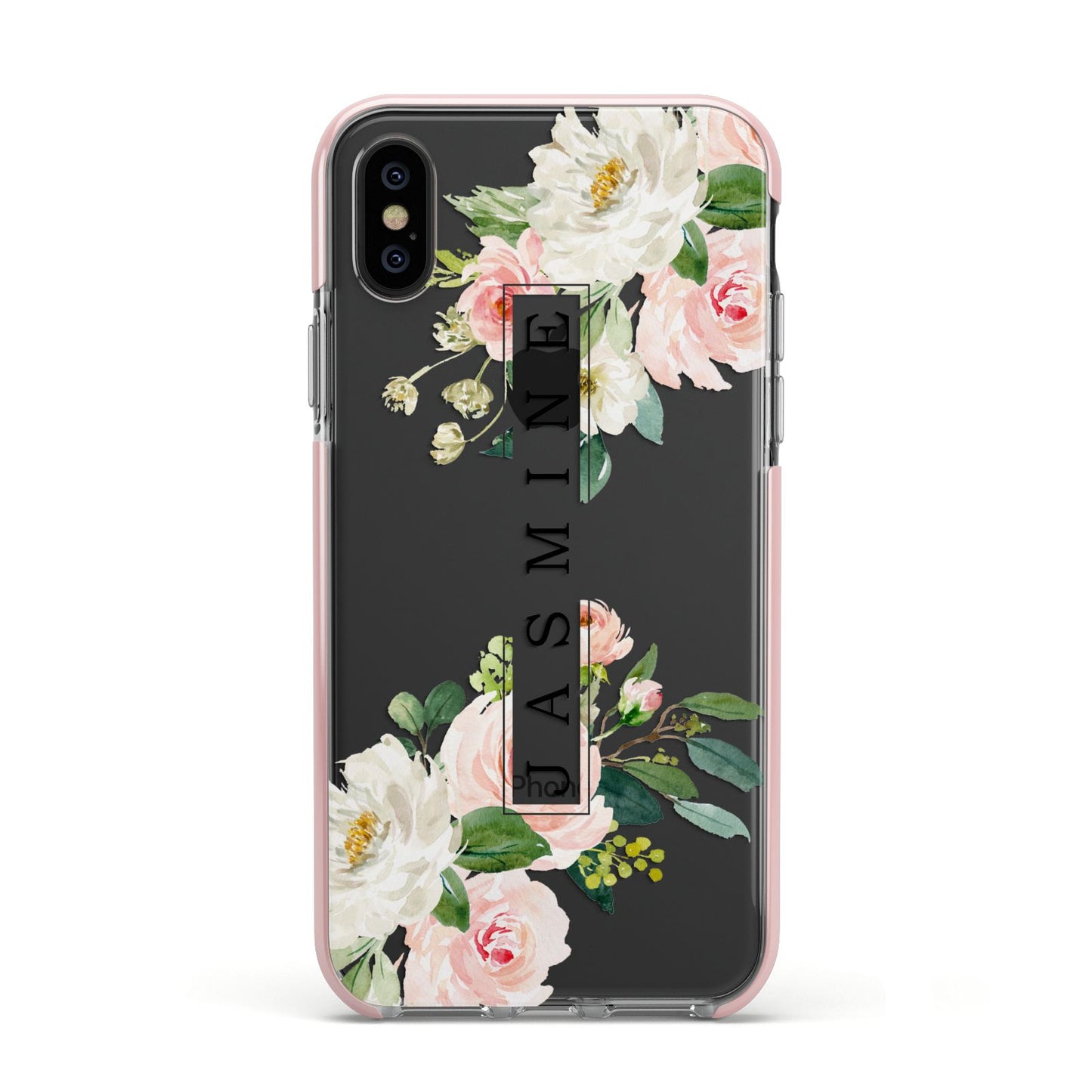 Personalised Floral Wreath with Name Apple iPhone Xs Impact Case Pink Edge on Black Phone