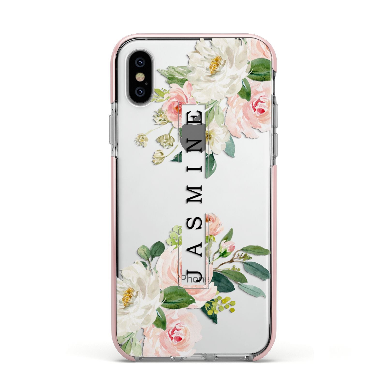 Personalised Floral Wreath with Name Apple iPhone Xs Impact Case Pink Edge on Silver Phone
