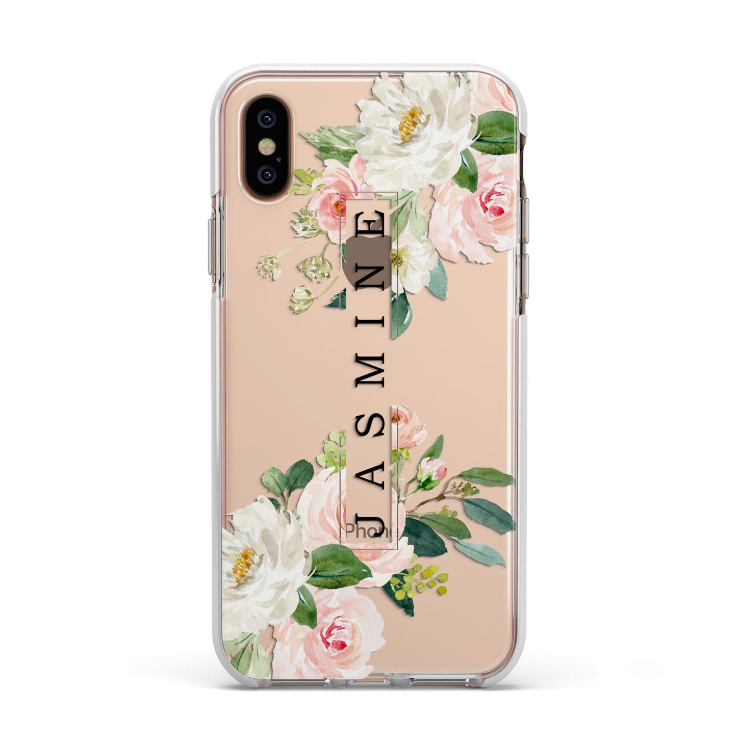 Personalised Floral Wreath with Name Apple iPhone Xs Impact Case White Edge on Gold Phone