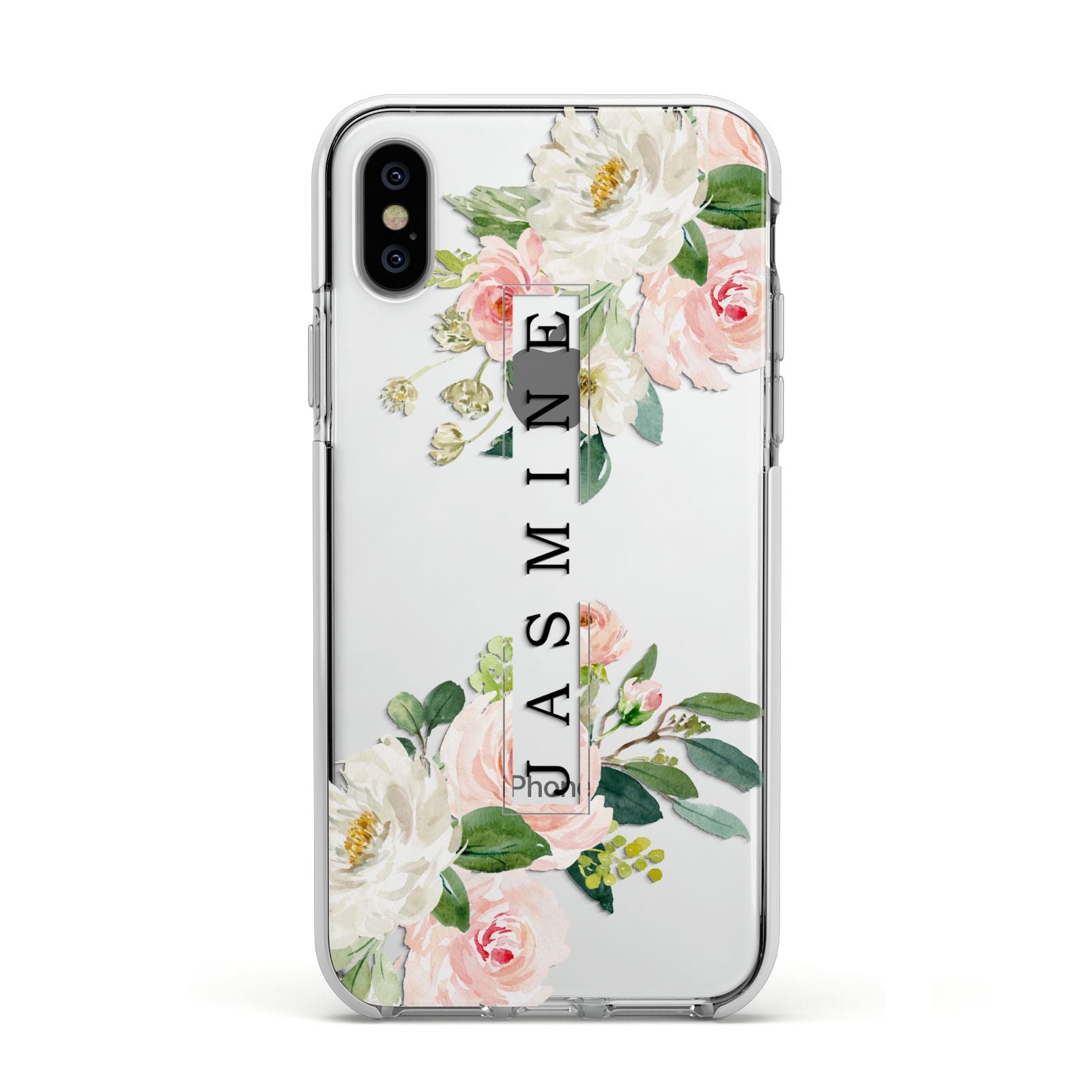 Personalised Floral Wreath with Name Apple iPhone Xs Impact Case White Edge on Silver Phone