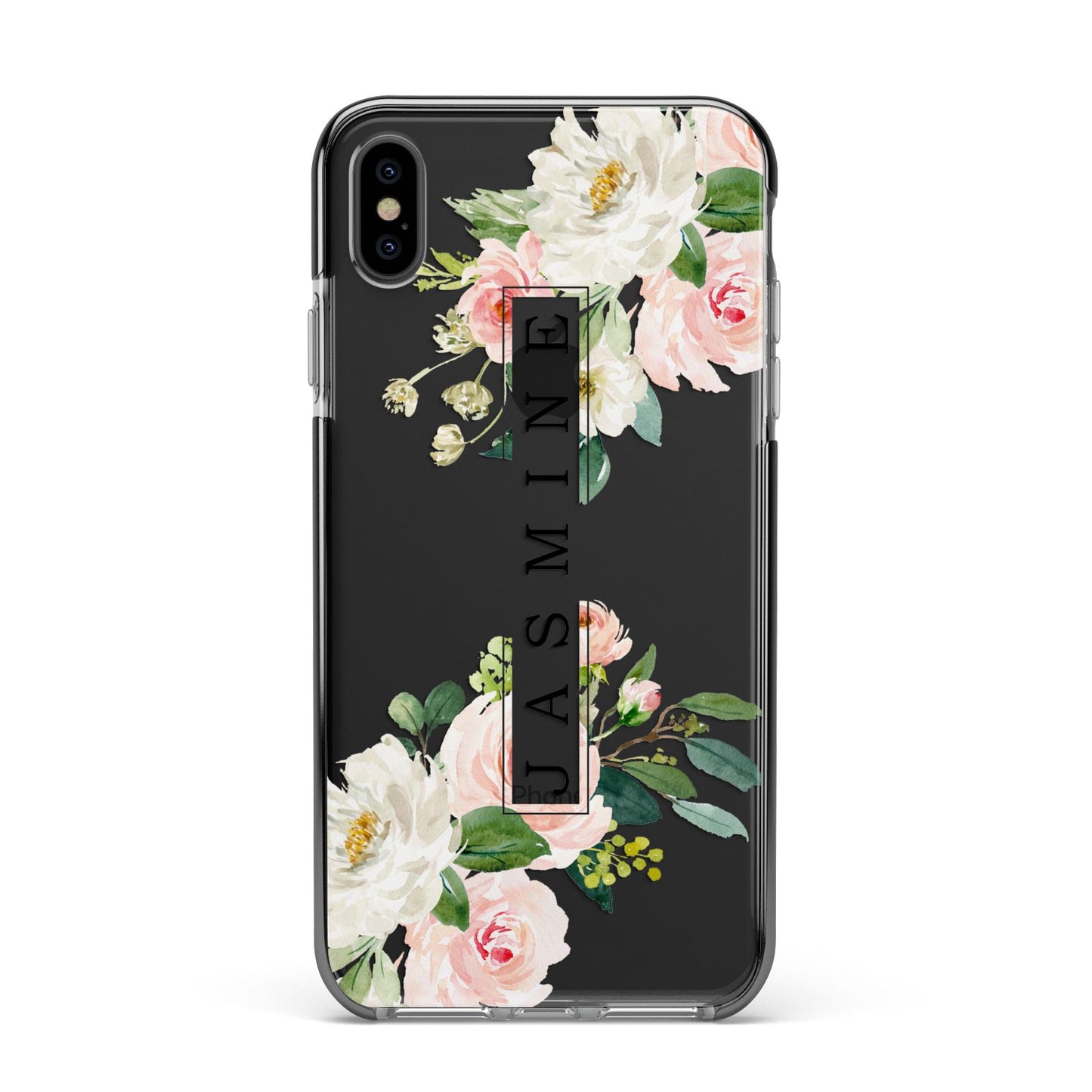 Personalised Floral Wreath with Name Apple iPhone Xs Max Impact Case Black Edge on Black Phone