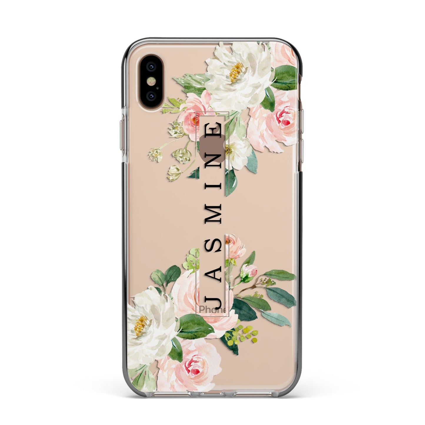 Personalised Floral Wreath with Name Apple iPhone Xs Max Impact Case Black Edge on Gold Phone