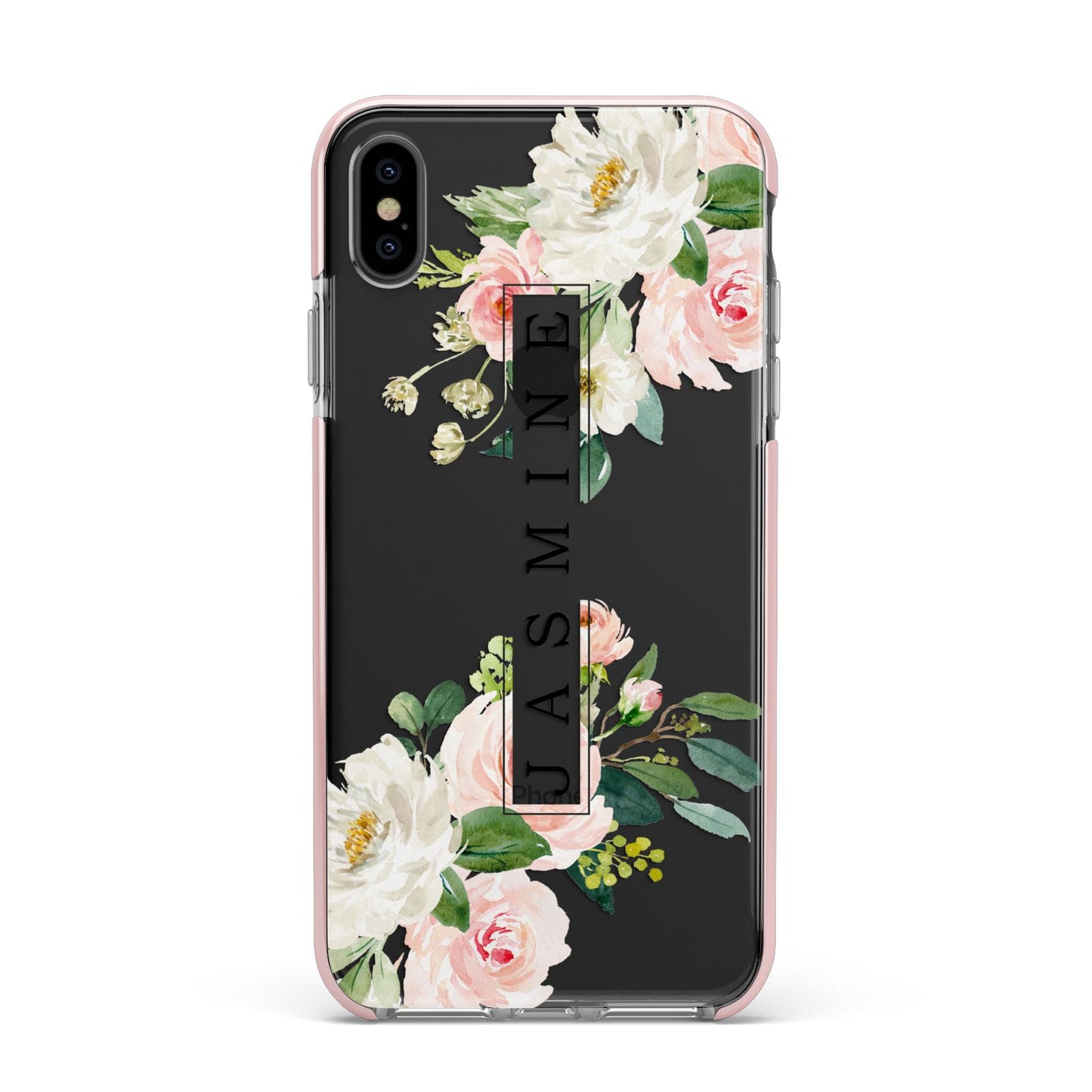 Personalised Floral Wreath with Name Apple iPhone Xs Max Impact Case Pink Edge on Black Phone