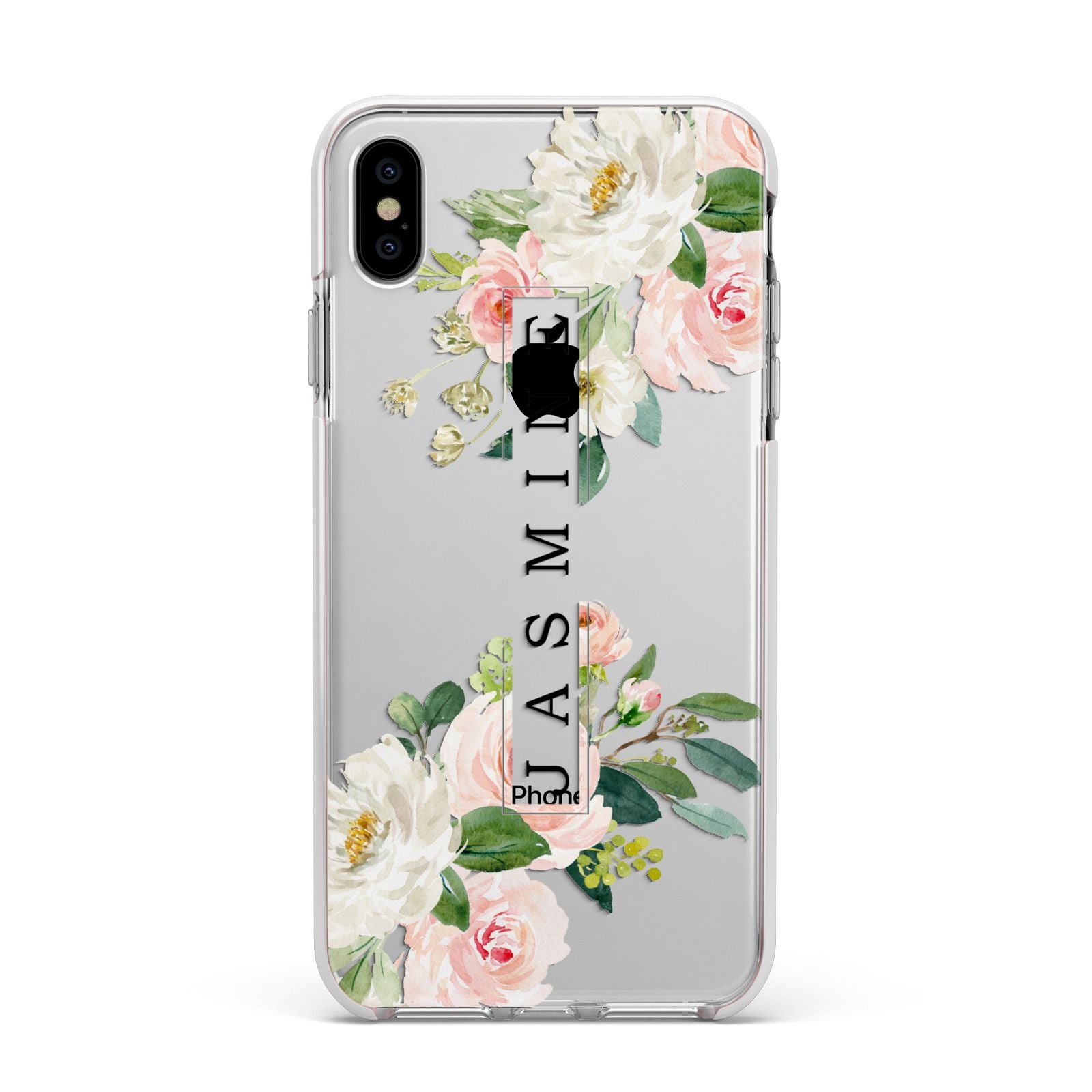 Personalised Floral Wreath with Name Apple iPhone Xs Max Impact Case White Edge on Silver Phone