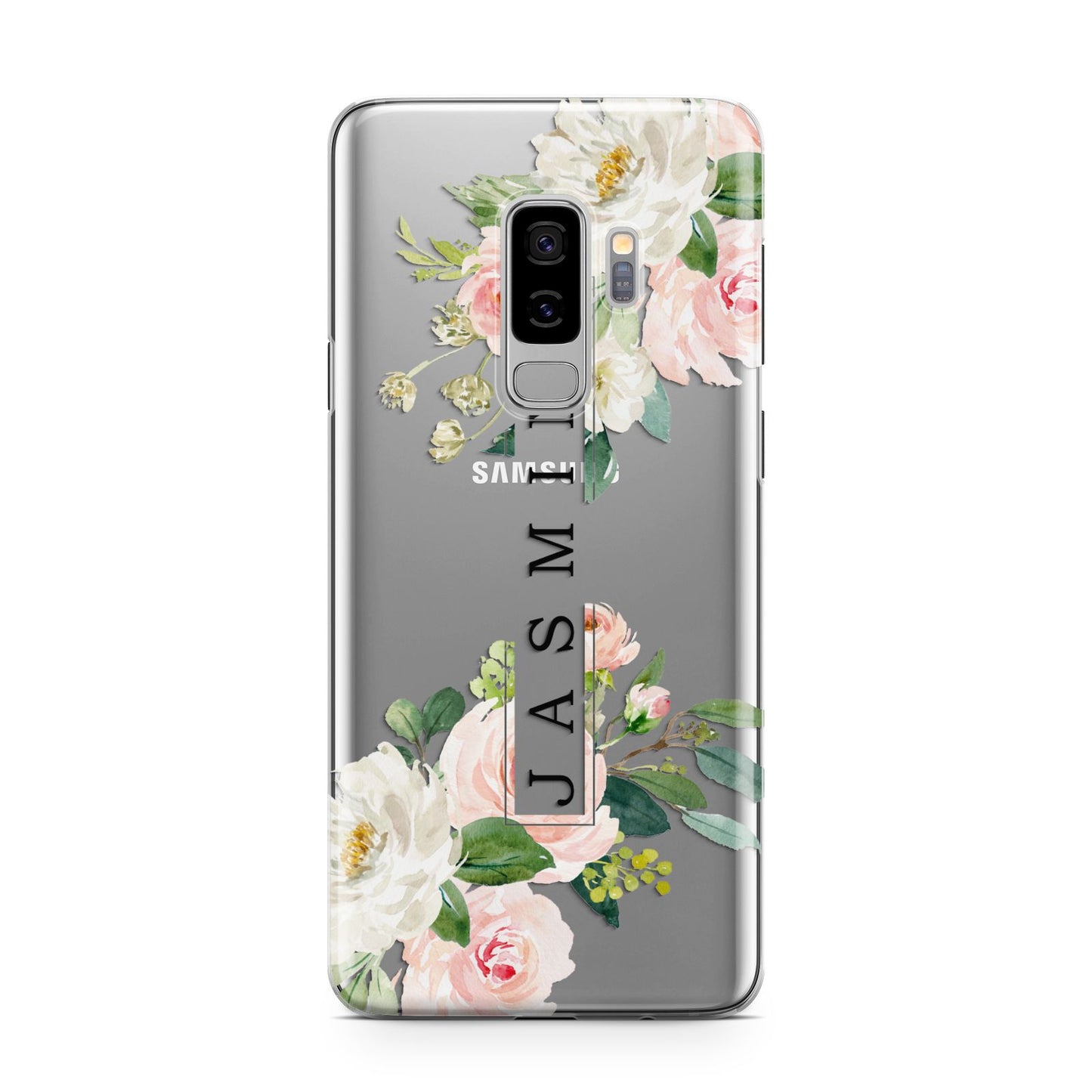 Personalised Floral Wreath with Name Samsung Galaxy S9 Plus Case on Silver phone