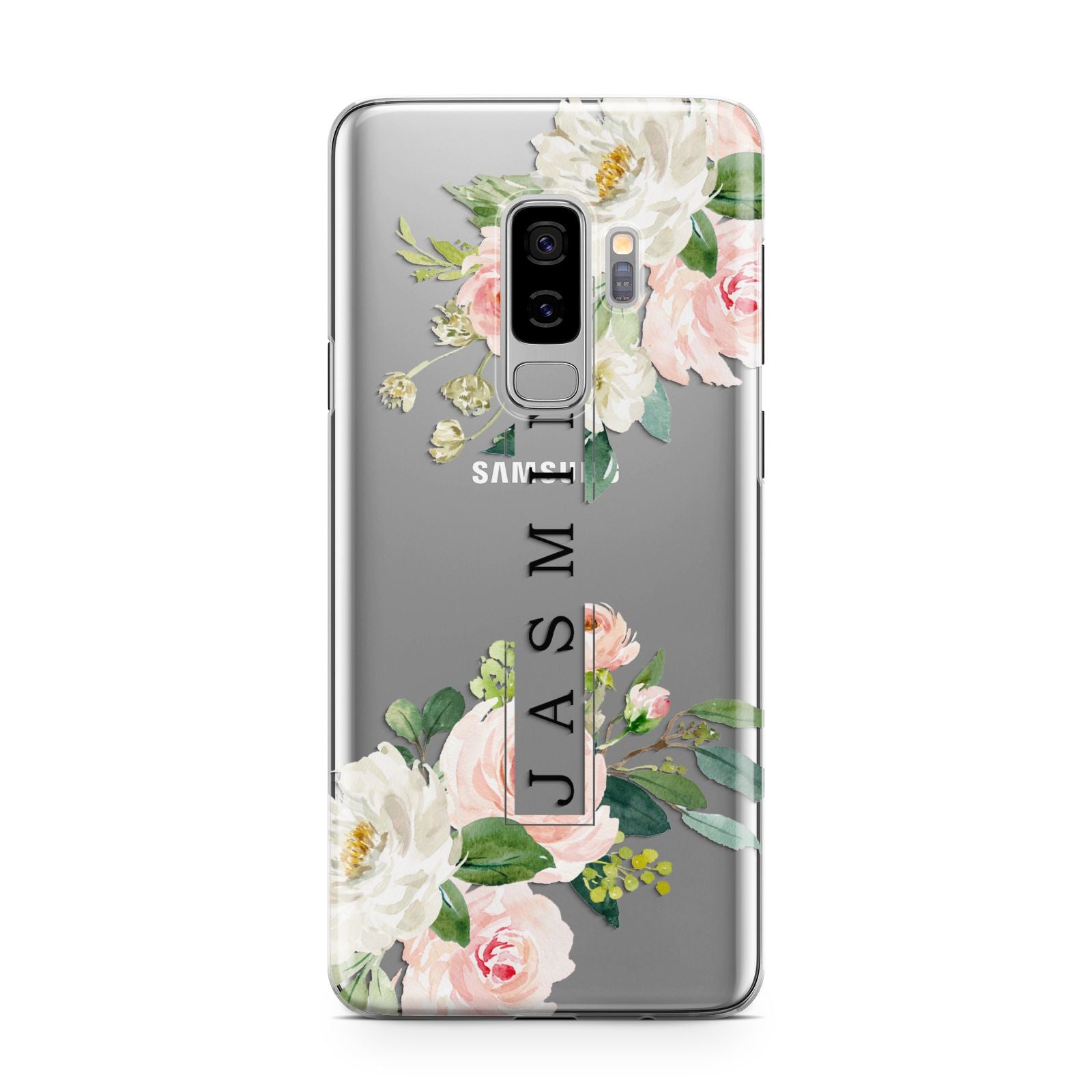 Personalised Floral Wreath with Name Samsung Galaxy S9 Plus Case on Silver phone