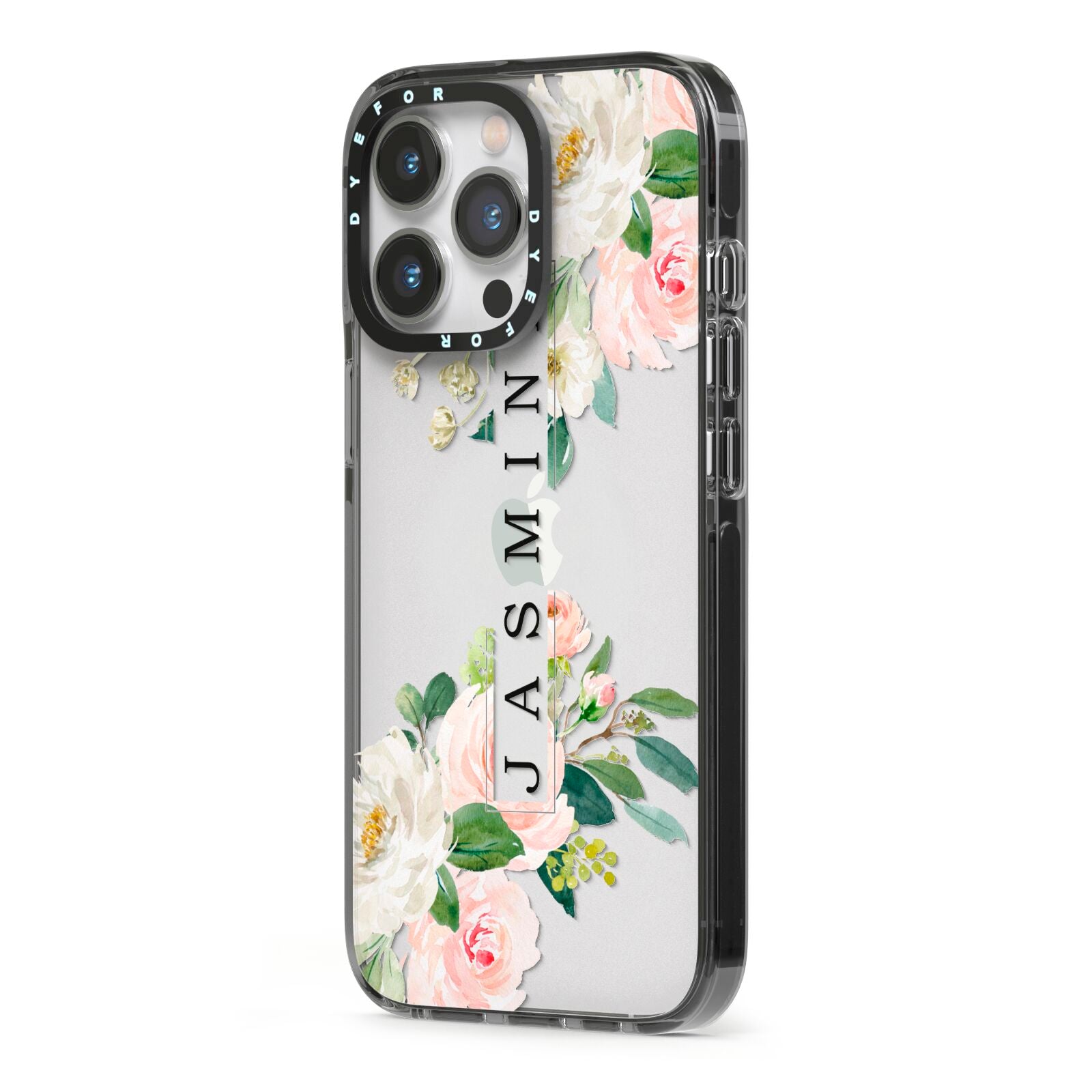 Personalised Floral Wreath with Name iPhone 13 Pro Black Impact Case Side Angle on Silver phone